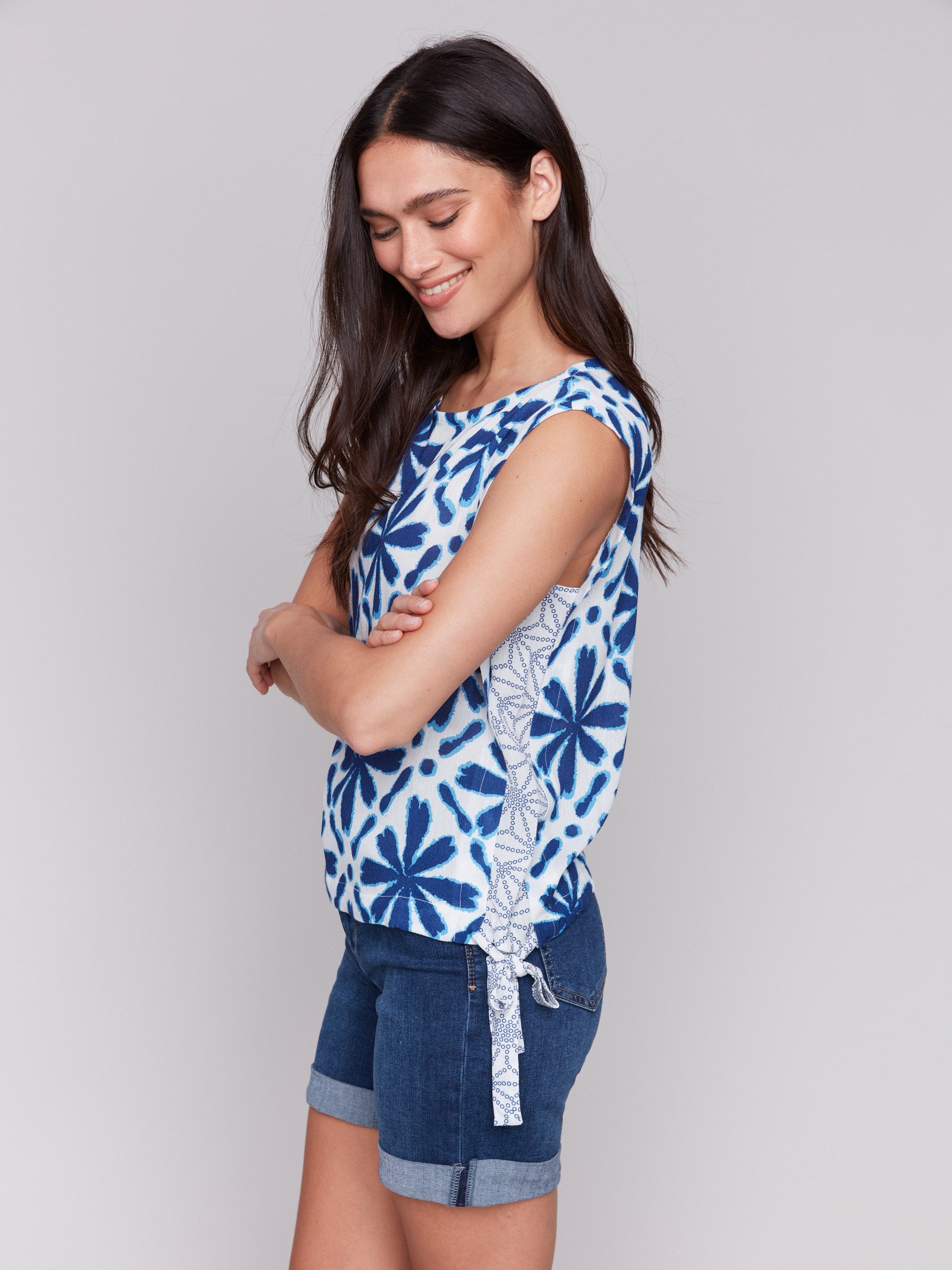 Printed Sleeveless Blouse with Side Ties - Floral Mosaic Pattern Women's Summer Top | Perfect for Beach Vacations, Date Nights & Casual Outings