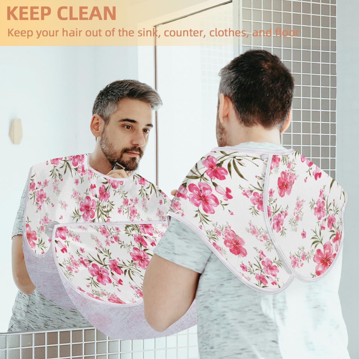 Waterproof Red Floral Beard Bib for Men - Non-Stick Shaving Apron with Suction Cups, Hair Catcher Cape for Grooming - Perfect Gift for Husband & Dad (Birthday, Father's Day) - Ideal for Home Barbering & DIY Trims