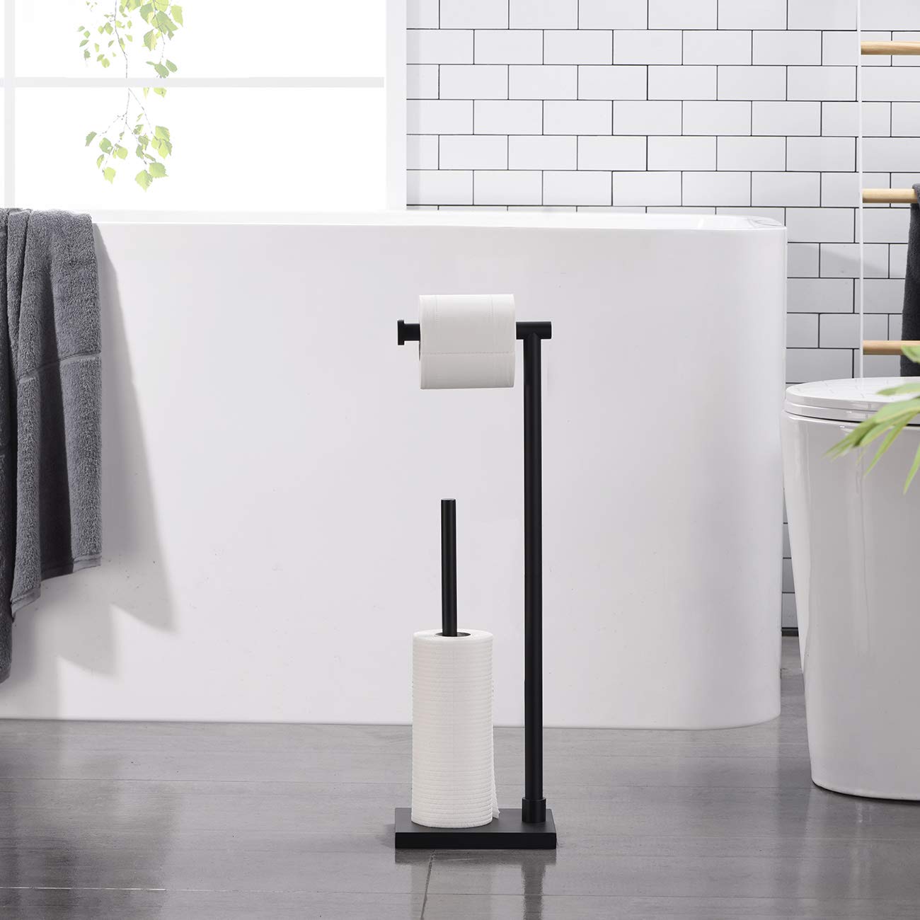 Free Standing Bathroom Toilet Paper Holder Stand with Reserve - Matte Black Stainless Steel Toilet Tissue Dispenser (TPS103S2-BK) - Perfect for Bathrooms, Powder Rooms & RVs