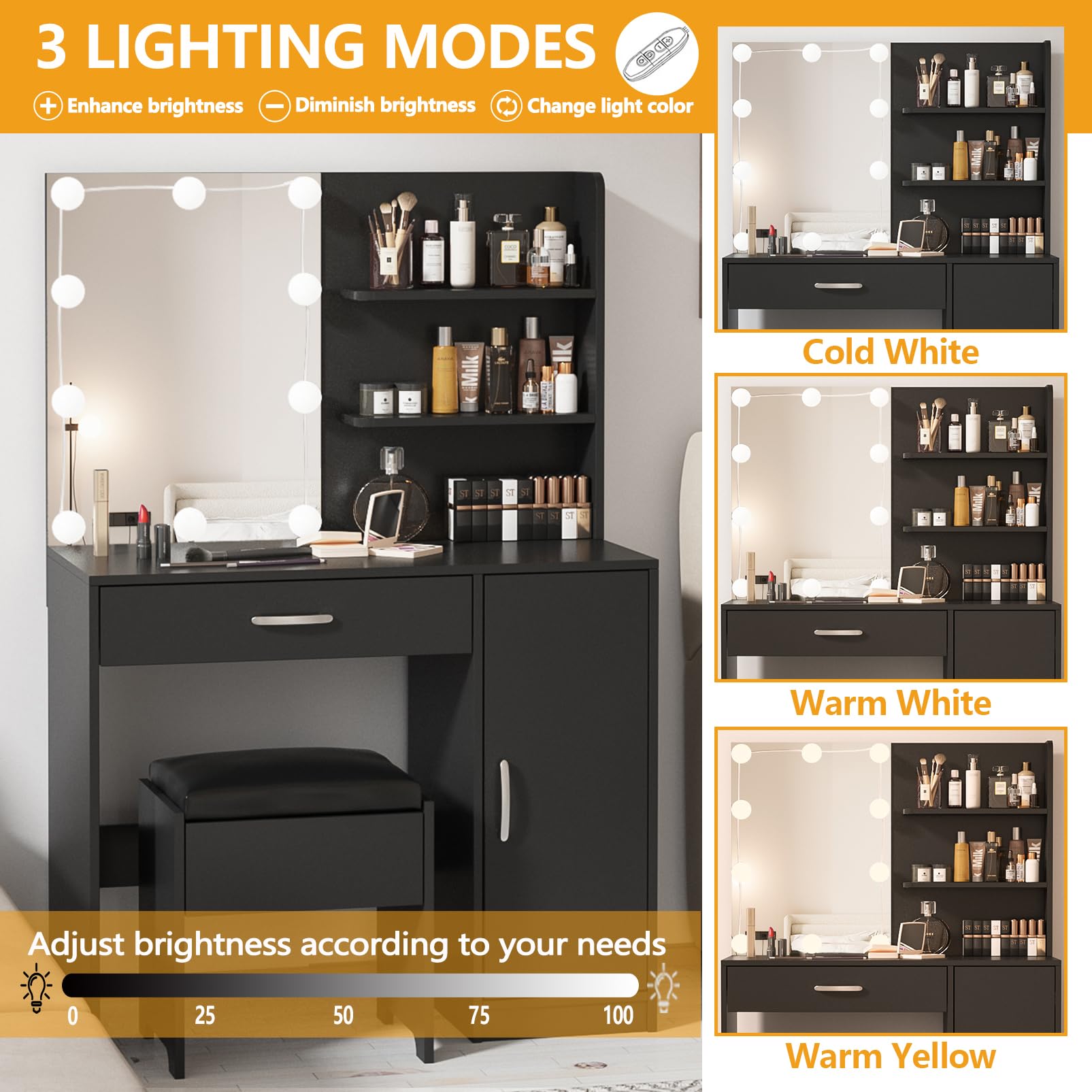 Lighted Makeup Vanity Desk with Mirror, Storage Drawers & Cabinet - Dressing Table for Bedroom & Bathroom (Black) | Perfect for Beauty Routine, Makeup Organization & Small Space Decor