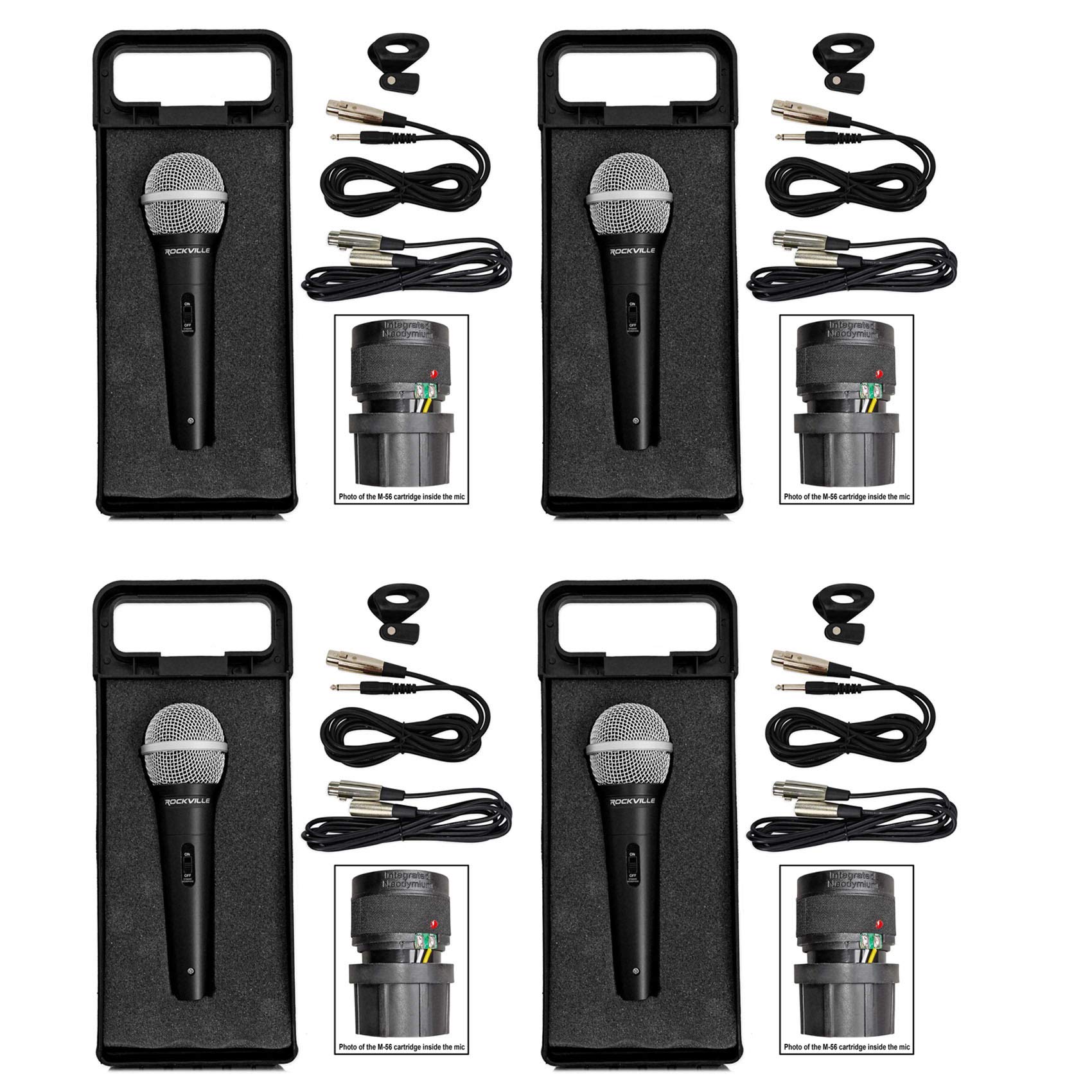 Rockville 4-Pack RMC-XLR Dynamic Cardioid Professional Metal Microphones with XLR Cable - Perfect for Live Performances, Studio Recording & Podcasting