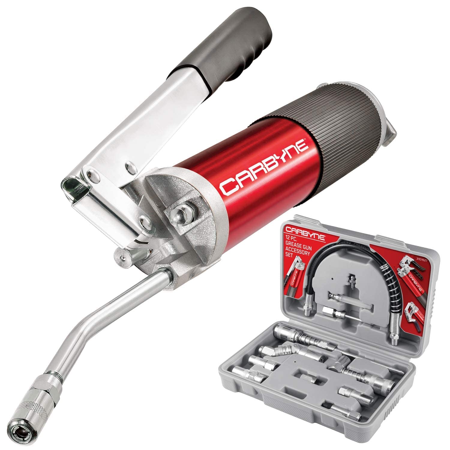 Carbyne Lever Handle Grease Gun with 12-Piece Accessory Kit - Heavy Duty Lubrication Tool for Automotive, Industrial & Farm Equipment Maintenance