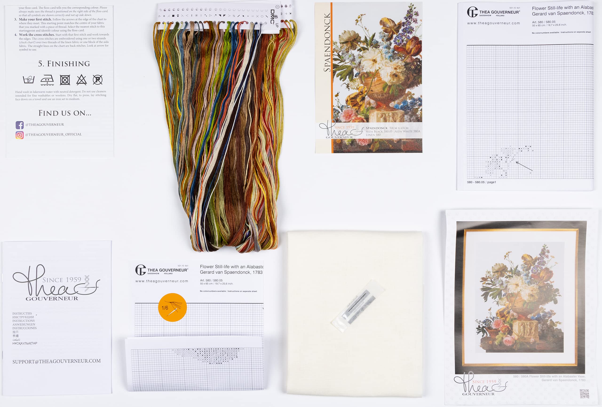 Thea Gouverneur Counted Cross Stitch Kit - Flower Still-Life with Alabaster Vase - 18 Count Aida Fabric - Includes DMC Embroidery Threads & Supplies - Perfect for Adults & Home Decor DIY Projects
