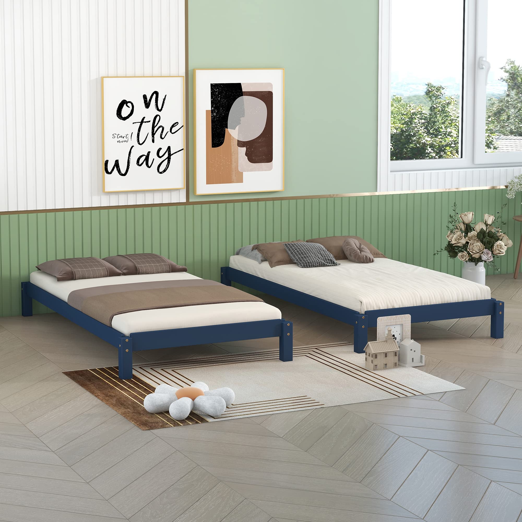 P PURLOVE Twin Platform Bed Frame - Convertible into 2 Separate Single Beds | Stackable Wooden Bed with Space-Saving Design | No Box Spring Required | Blue | Perfect for Kids Rooms, Guest Beds & Small Apartments