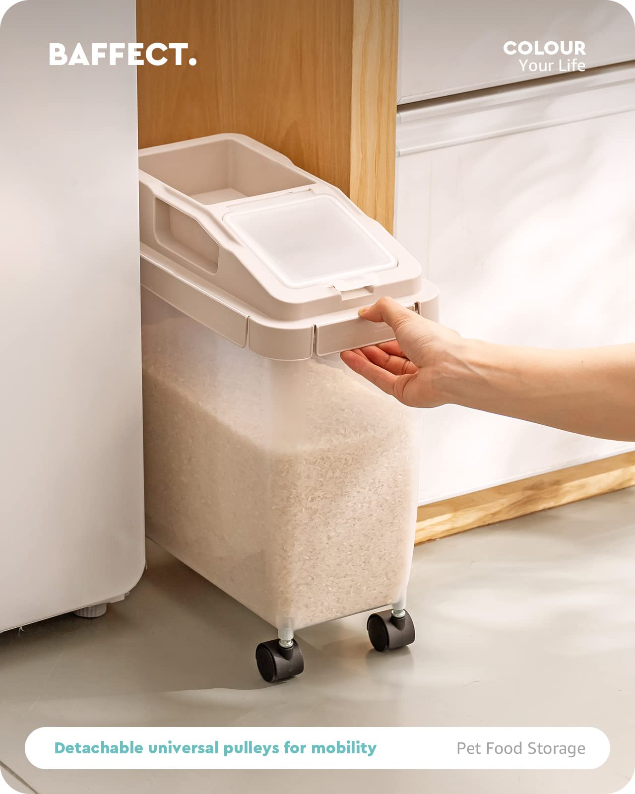 Baffect Airtight Pet Food Storage Container with Measuring Cup & Wheels - Large Dog Cat Bird Food Bin for Freshness - Perfect for Kitchen, Pantry, or Garage Storage
