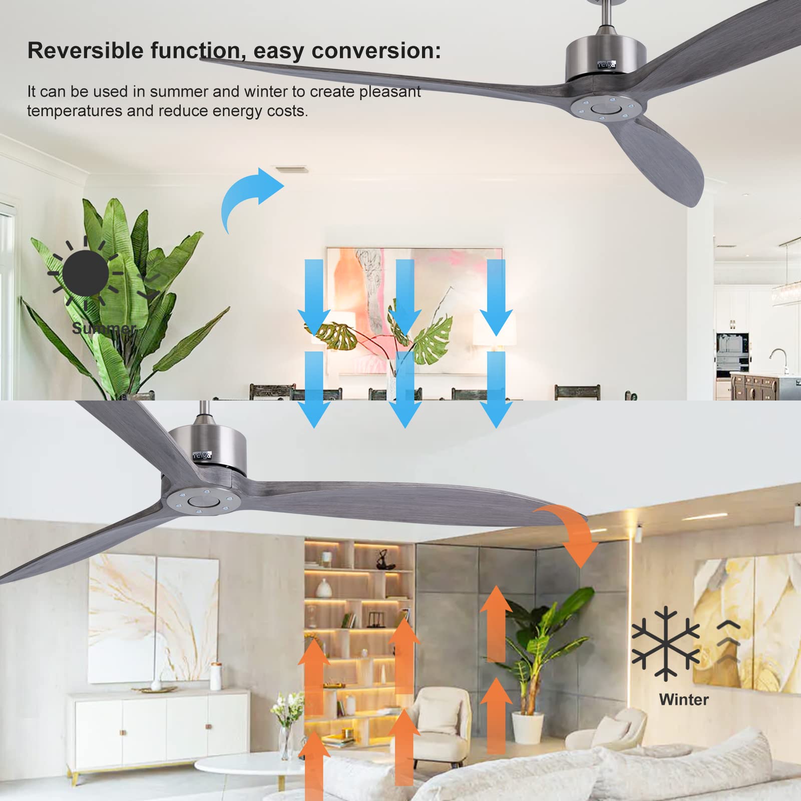 Reiga 65 Inch Wood Blade Ceiling Fan with Remote Control - Quiet DC Motor, No Light - Perfect for Living Room, Bedroom, and Outdoor Patio