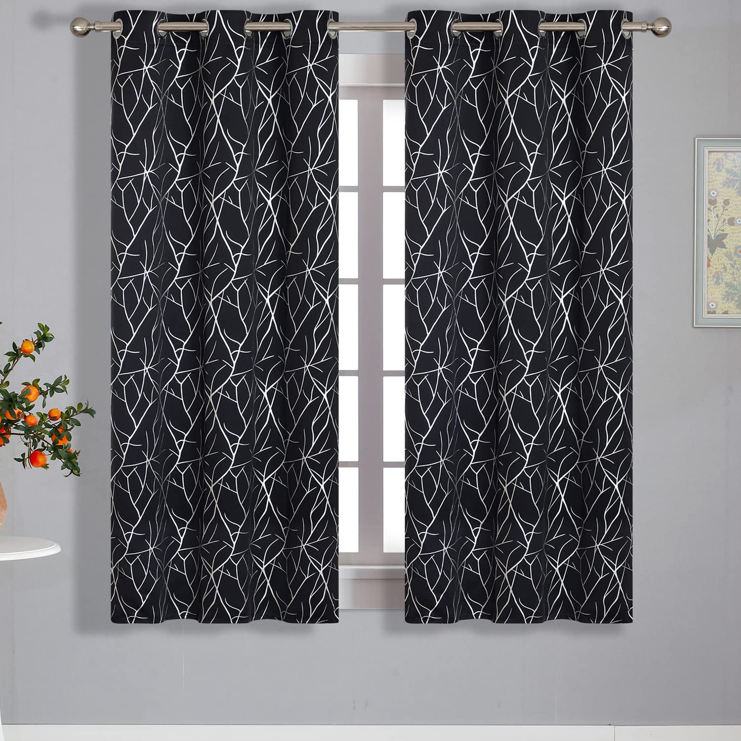 Estelar Textiler Blackout Curtains 63 Inch Length - Thermal Insulated Grommet Window Drapes with Tree Branches Design (38W x 63L, Black, 1 Pair) for Bedroom, Living Room & Nursery - Noise Reducing & Light Blocking