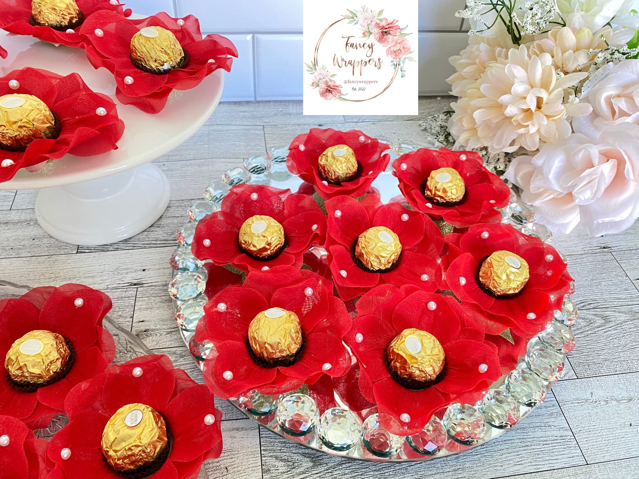 24 Elegant Fabric Flower Truffle Wrappers with Pearl Accents | Mini Cupcake Liners for Wedding Favors | Chocolate Covered Strawberry Supplies | Strawberry Shaped Liners for Desserts | Brigadeiro Molds | Perfect for Weddings, Baby Showers & Party Decorations