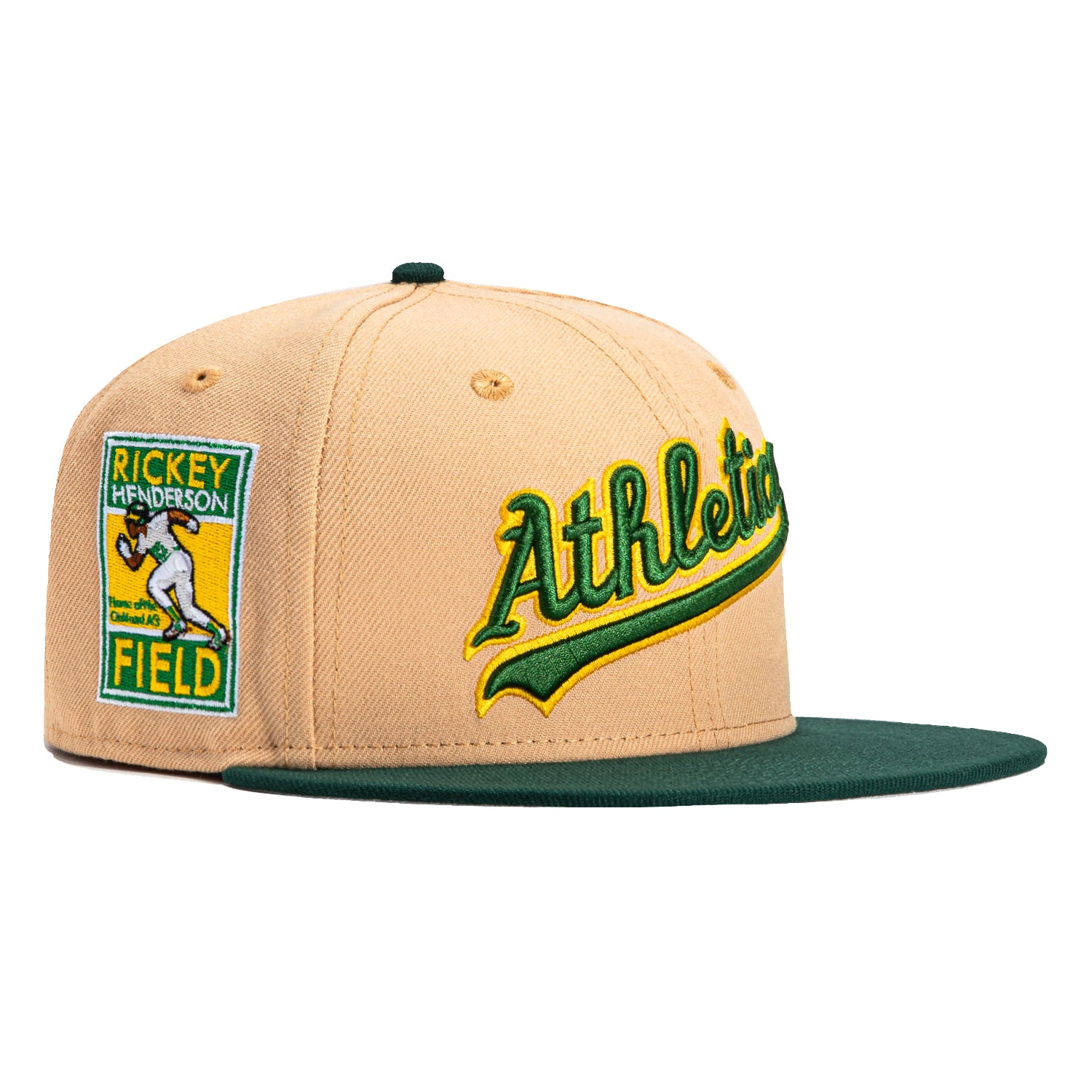 New Era 59Fifty Oakland Athletics Rickey Henderson Field Patch Baseball Cap - Khaki & Green - Official MLB Licensed Hat for Baseball Fans & Sports Enthusiasts - Perfect for Games, Collecting & Streetwear Fashion