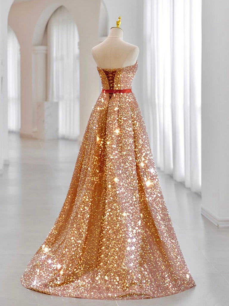 Elegant A-Line Sweetheart Neck Velvet Sequin Champagne Gold Long Prom Dress for Homecoming, Ball, and Formal Events - Perfect for Evening Gala and Special Occasions