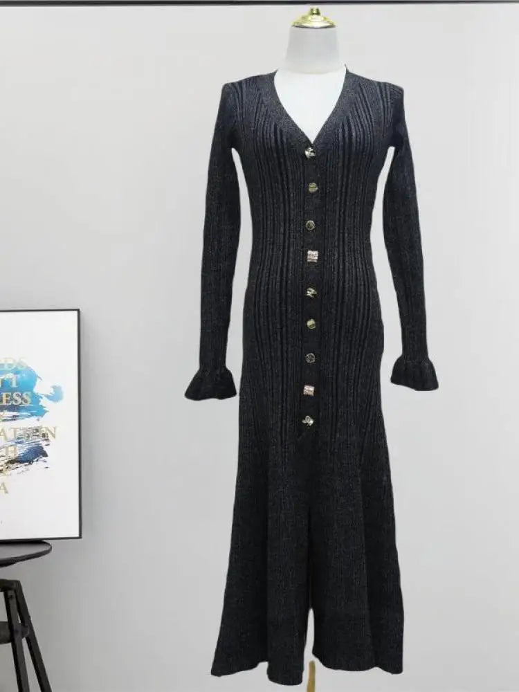 2024 French Elegant Black V-Neck Single Breasted Knitted Dress for Women - Long Sleeve Fishtail Beige Winter Dress | Perfect for Office, Party & Holiday Events