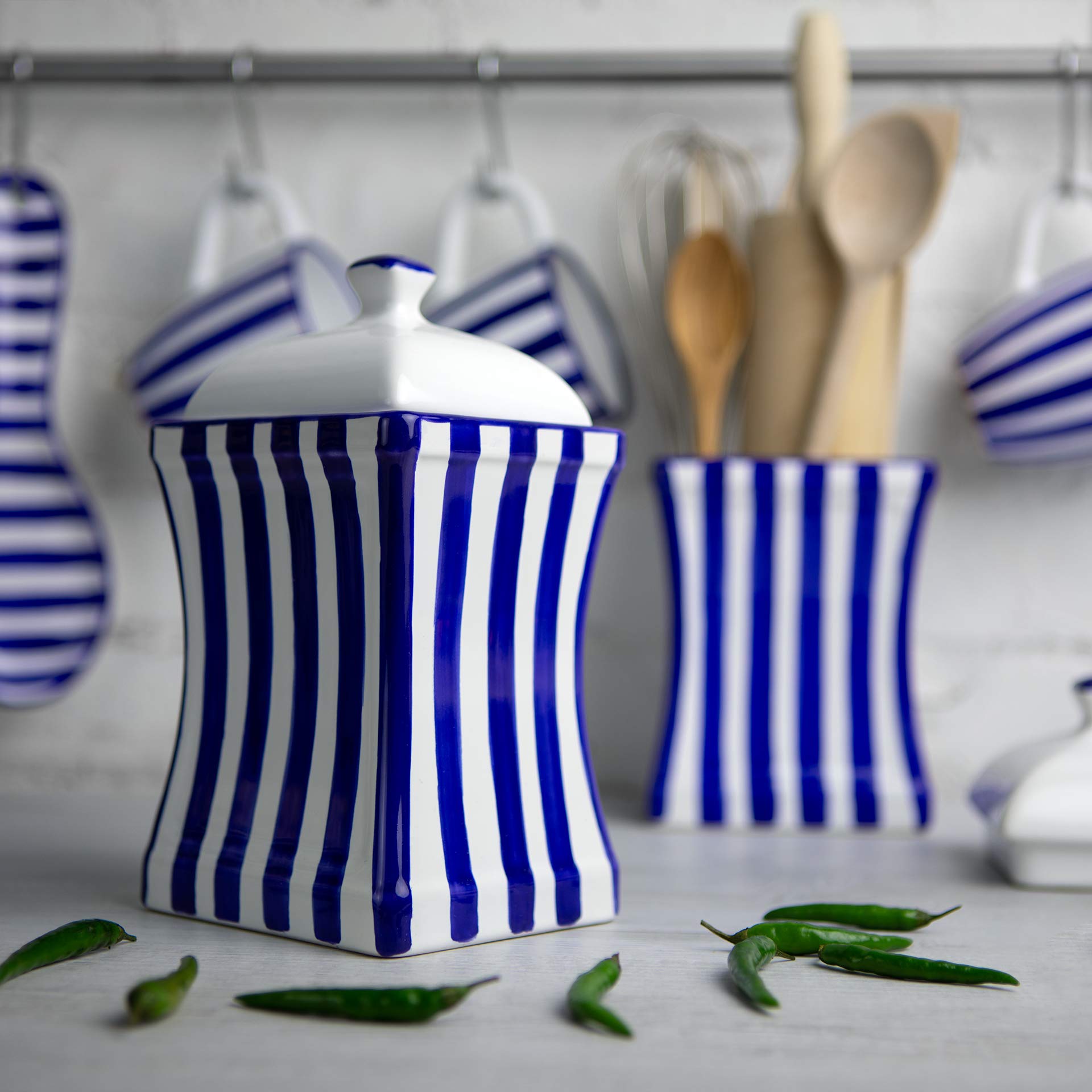 Handmade Dark Navy Blue Stripe Ceramic Kitchen Set of 10 - Canisters, Butter Dish, Egg Cups, Salt & Pepper Shakers, Spoon Rest | Perfect for Farmhouse Decor, Rustic Kitchen Storage & Housewarming Gifts