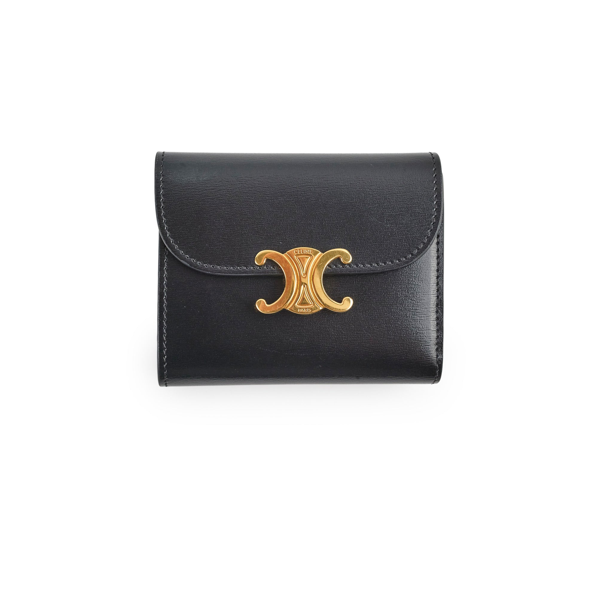 Celine Compact Wallet with Coin Pocket Triomphe Logo in Shiny Calfskin Leather - Perfect for Everyday Use & Travel Essentials