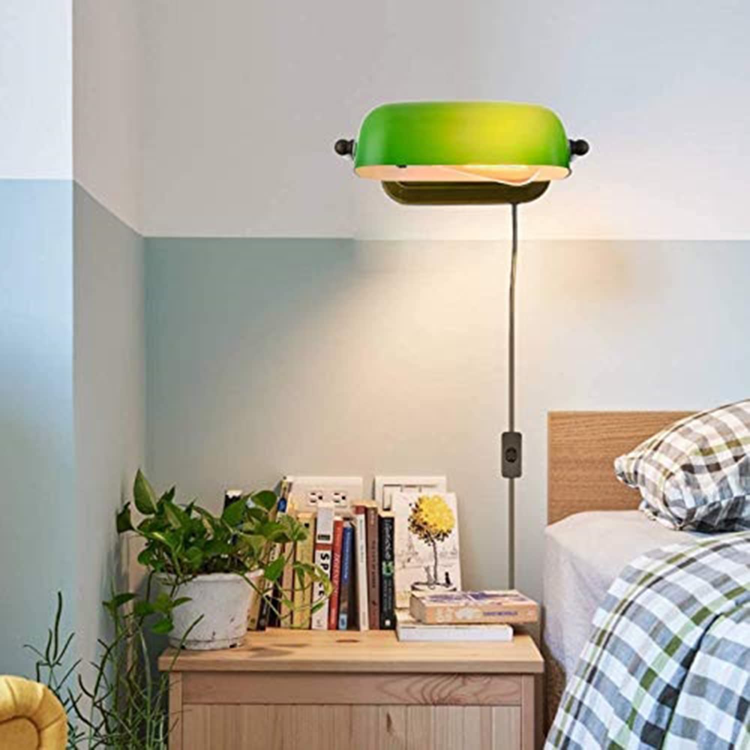 Kiven Plug-in Green Glass Bankers Wall Sconce Lamp with 6FT Cord & Motion Sensor - Automatic On/Off Lighting Fixture for Hallway, Bedroom, or Porch (1 Pack)