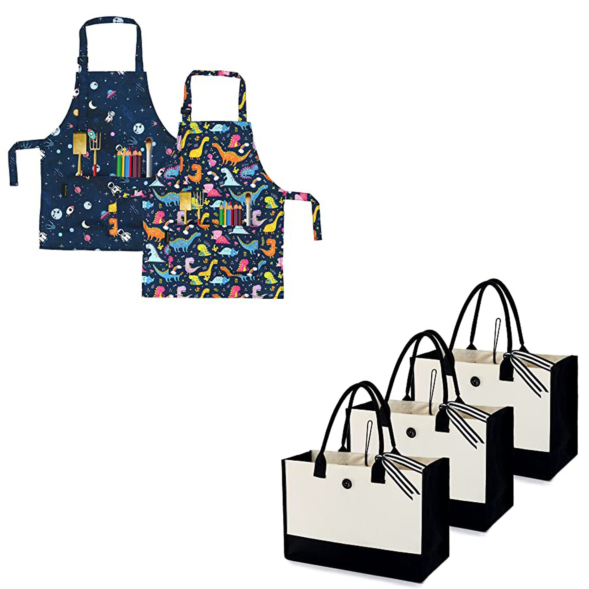 BeeGreen 2 Pack Kids Cooking Aprons with Adjustable Straps - Chef Apron Set Includes Canvas Tote Bag - Personalized Kitchen Gifts for Women & Children (3 Pack) - Perfect for Baking, Cooking Classes & Birthday Parties