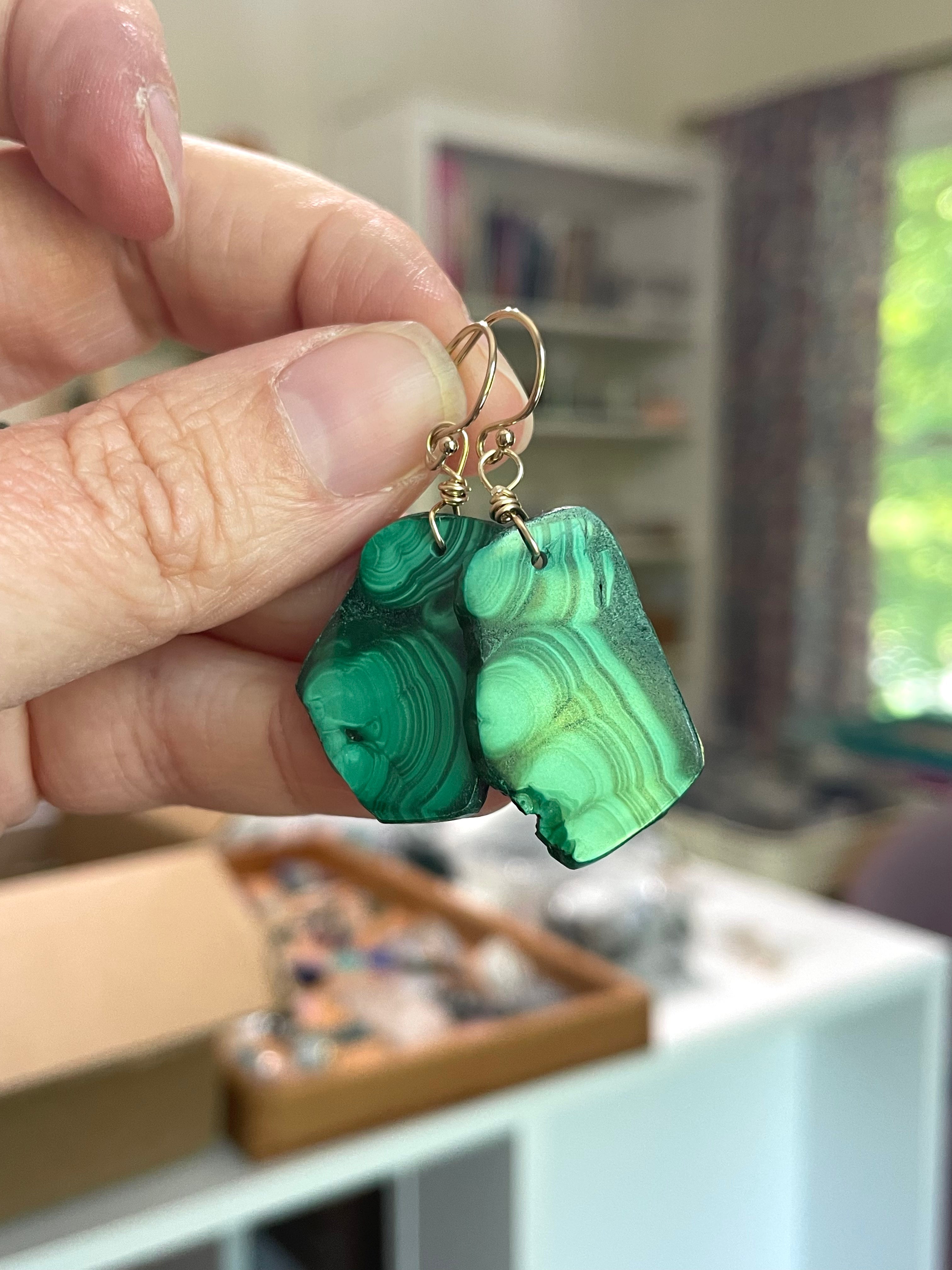 14kt Gold Filled Malachite Crystal Dangle Earrings | Healing Stone Jewelry for Women, Boho Chic Accessories for Everyday Wear & Special Occasions