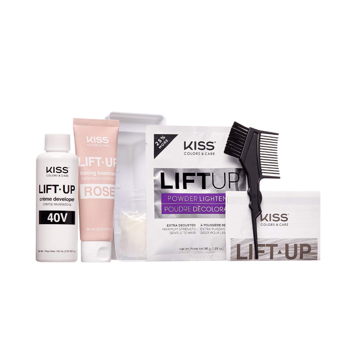 KISS Lift Up Complete Hair Bleach & Rose Pink Toner Kit - Gentle Conditioning Formula to Reduce Brassiness - 6-Piece DIY Bleaching Kit for Rose Gold Hair - Perfect for At-Home Salon Quality Hair Lightening & Toning