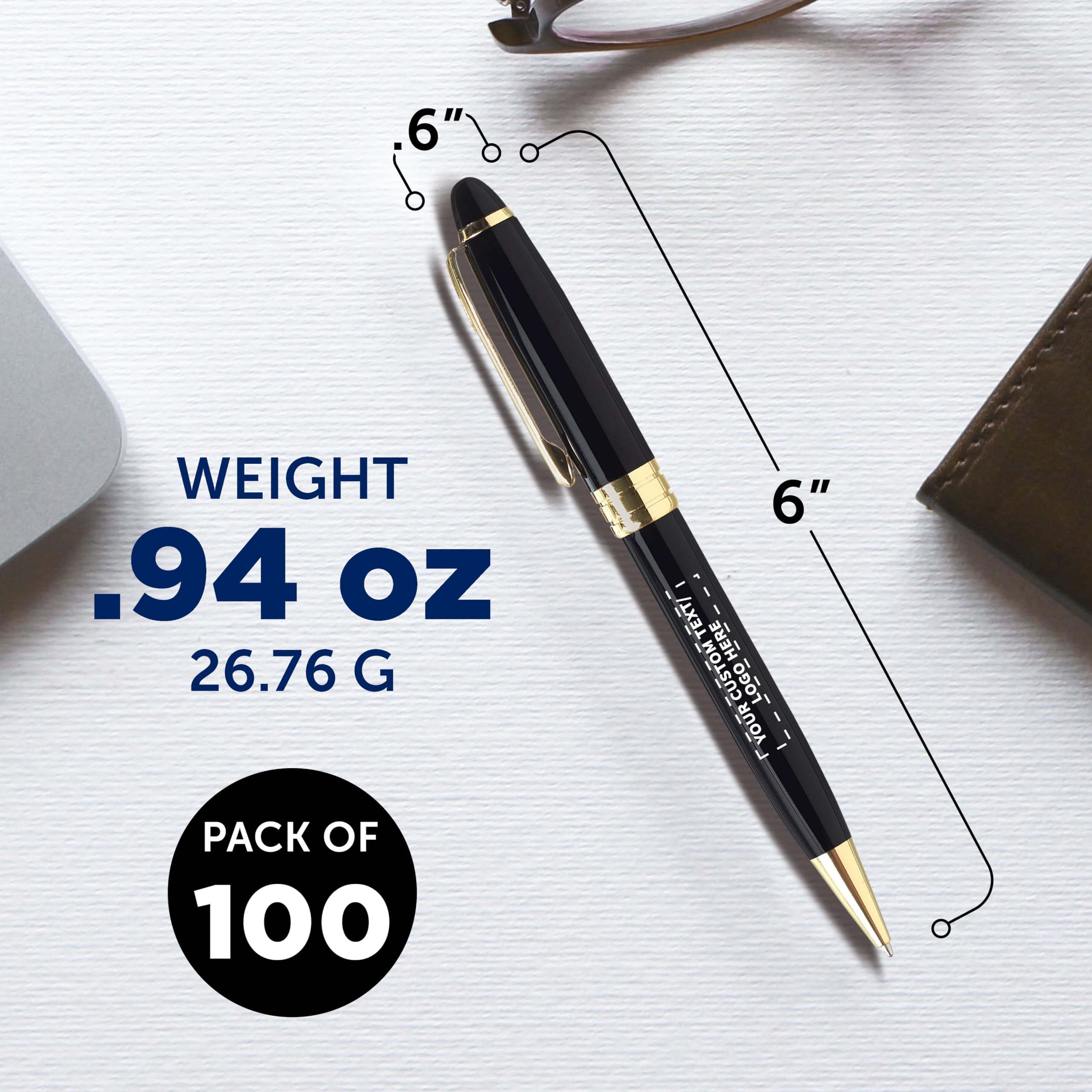 100 Premium Executive Pens Bulk Pack - Custom Text & Logo Engraving, Twist Mechanism, Gold Accent - Black Ink Ballpoint Pens for Office Gifts, Corporate Events & Business Promotions