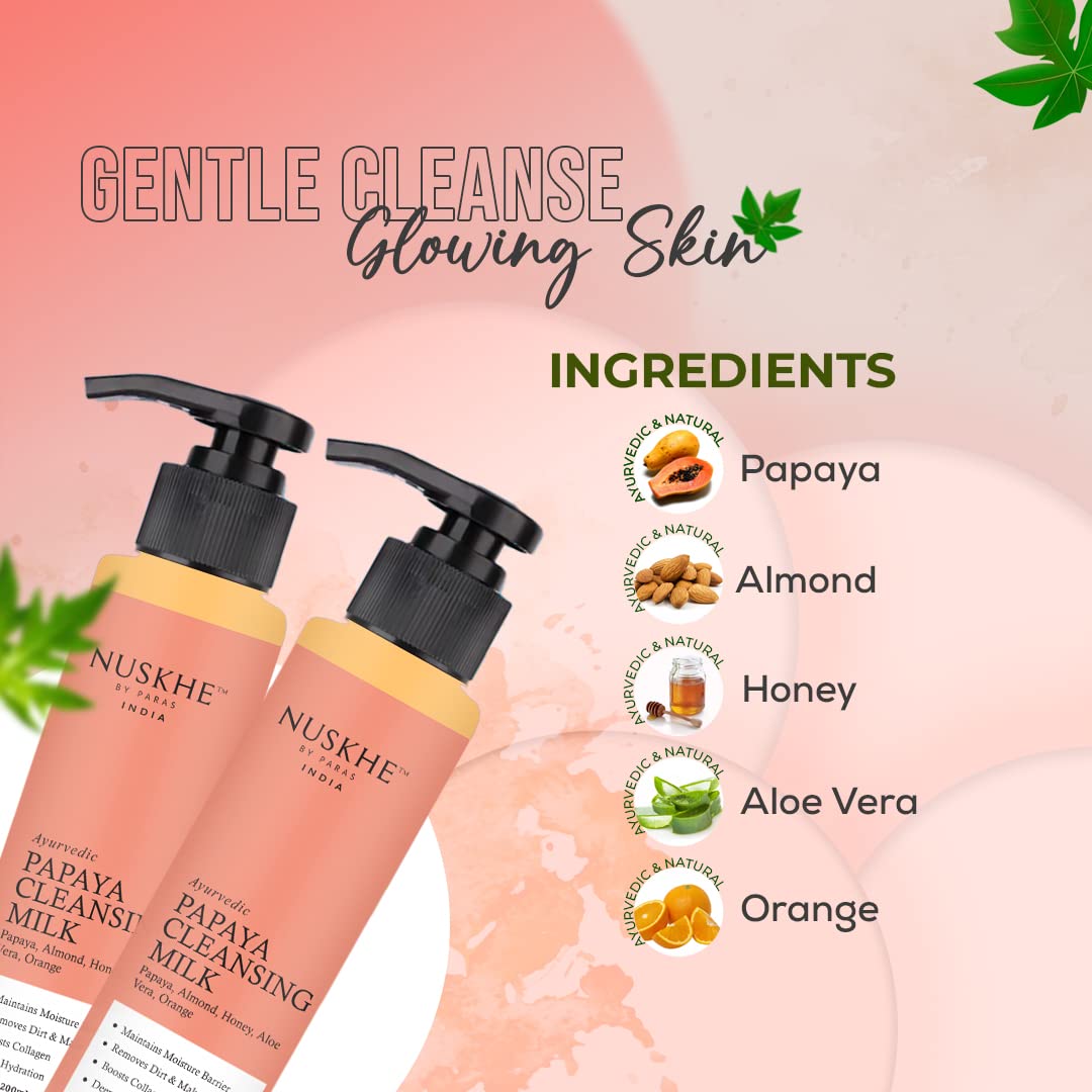 Nuskhe By Paras Ayurvedic Papaya Cleansing Milk - Natural Face Wash for Glowing Skin | Gentle Exfoliation & Deep Cleansing | Perfect for Daily Skincare Routine & Acne-Prone Skin