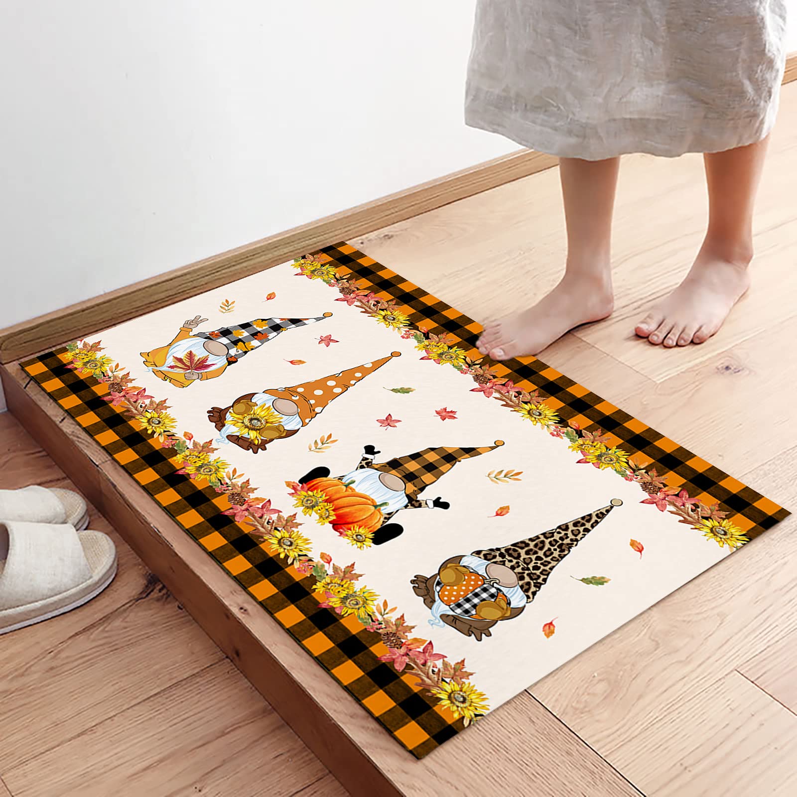 Premium Anti-Fatigue Kitchen Mat Set - 2 Piece Non-Slip Waterproof Floor Mats for Comfortable Standing - Thanksgiving Pumpkin Gnomes Design (15.7