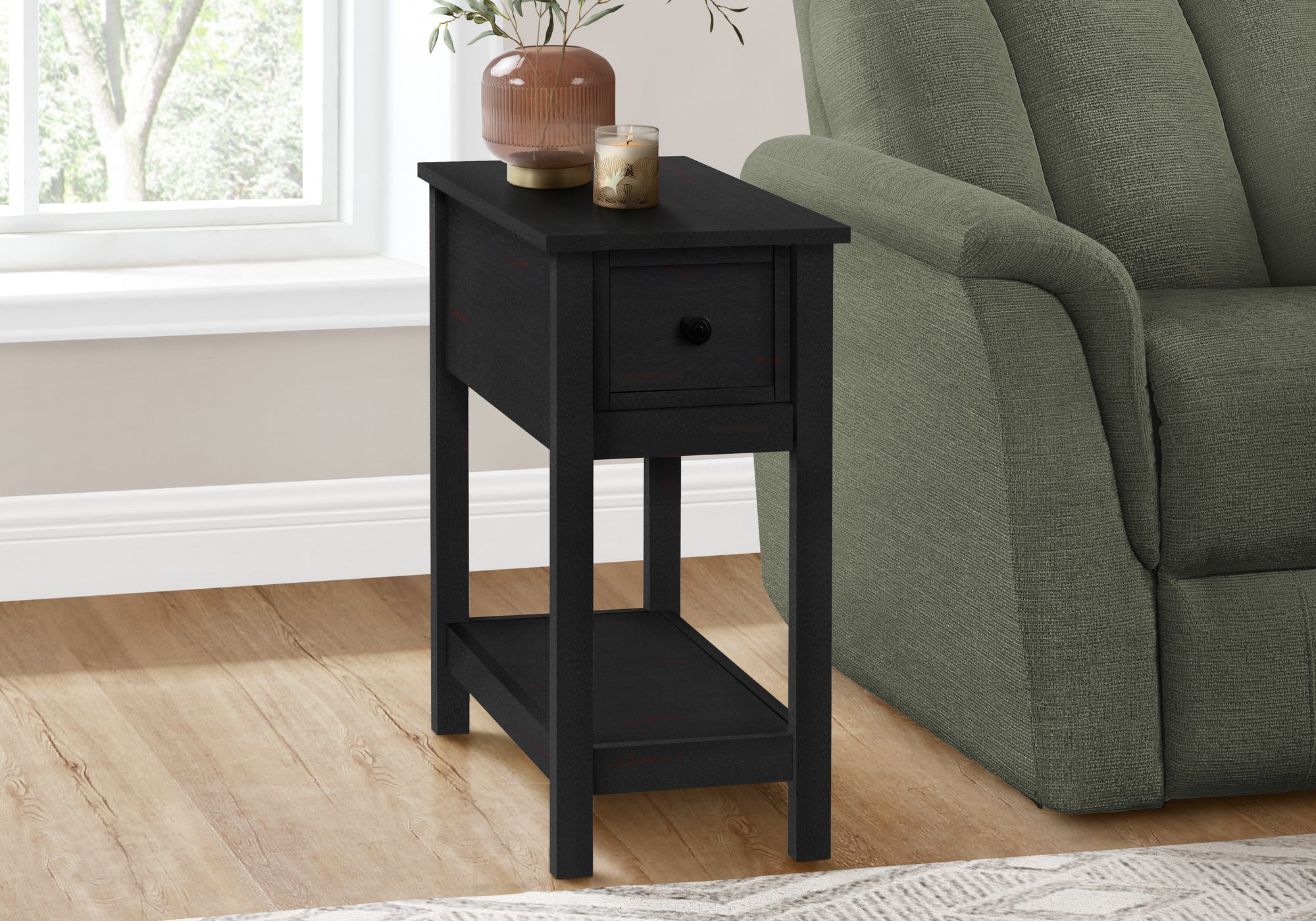 EleganceEdge 2 Tier Accent Table - Black Veneer Nightstand with Storage Drawer | Modern Side Table for Bedroom, Living Room & Office | Compact End Table with Shelf & Drawer for Home Decor