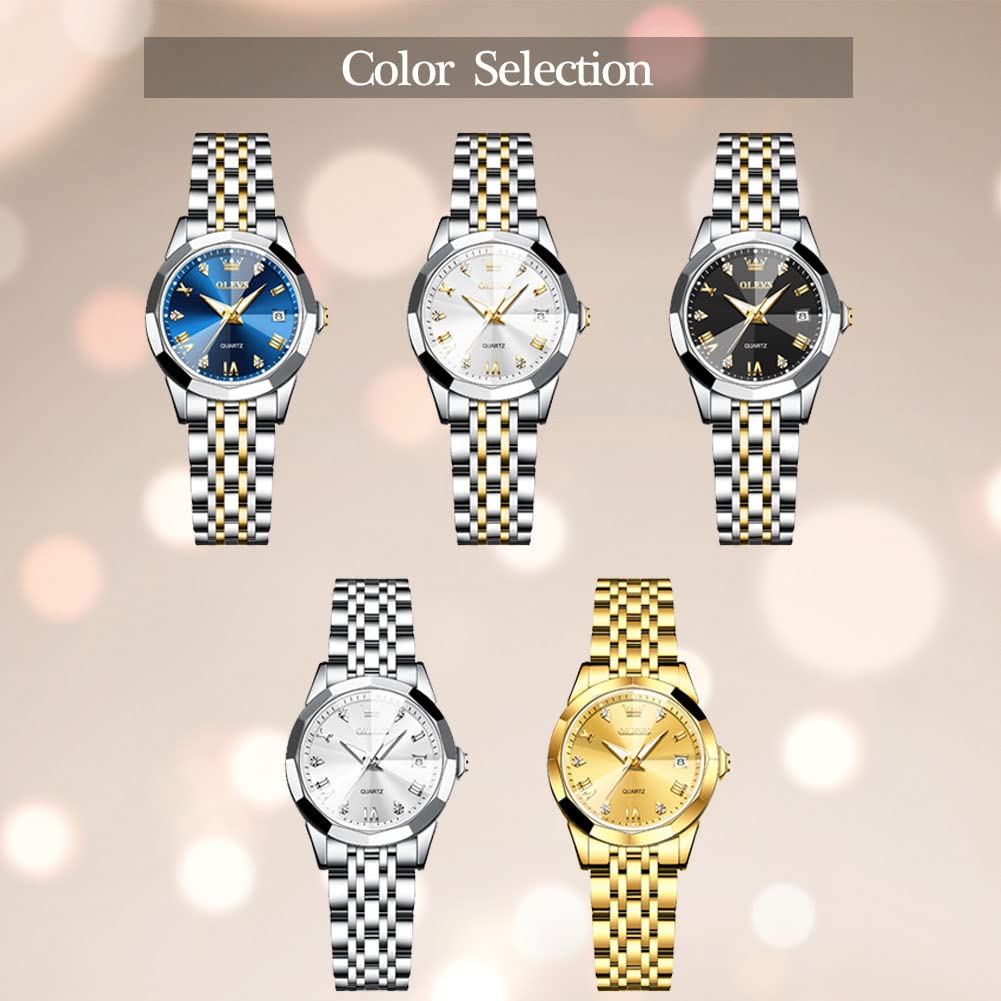 OLEVS Women's Gold Stainless Steel Waterproof Analog Watch with Date & Day - Small Face Quartz Ladies Watch - Fashion Gold, Black & White Dials - Perfect for Office, Party & Everyday Wear