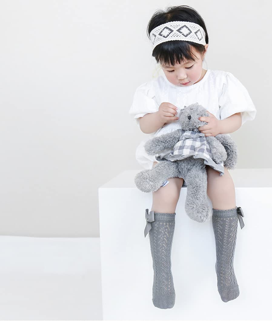 Baby Girl Knee High Socks with Bowknot - Thin Mesh Stockings for Infant & Toddler - Pointelle Princess Dress Socks (5 Pairs) - Perfect for Birthday Parties, Photo Shoots & Special Occasions