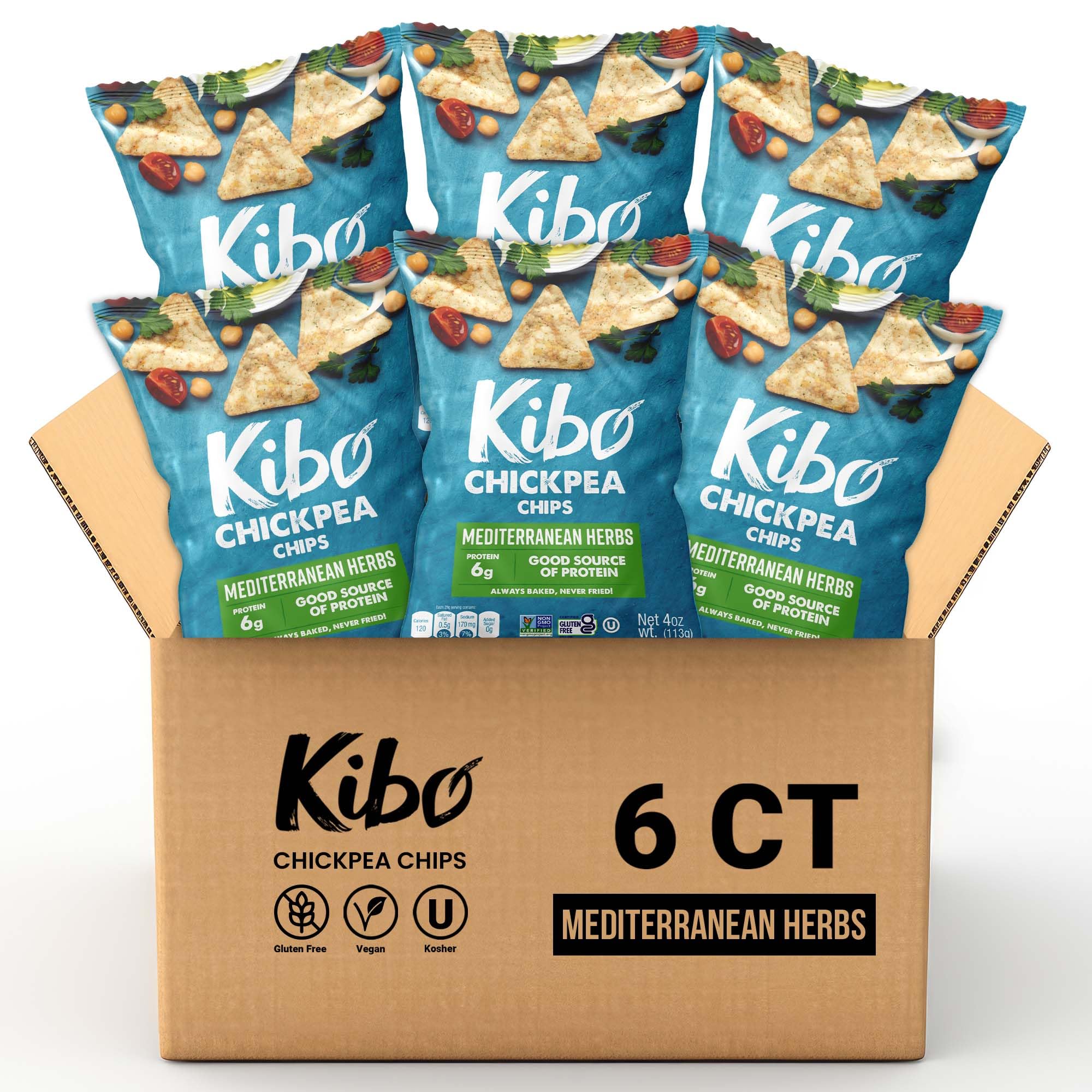 Kibo Chickpea Chips Mediterranean Herbs - Gluten Free, Vegan, Non-GMO, High Protein & Fiber Snacks - Made with Real Vegetables - 6 Pack (4oz Each) - Perfect for Healthy On-the-Go Snacking, Office Lunch or Movie Night Treat