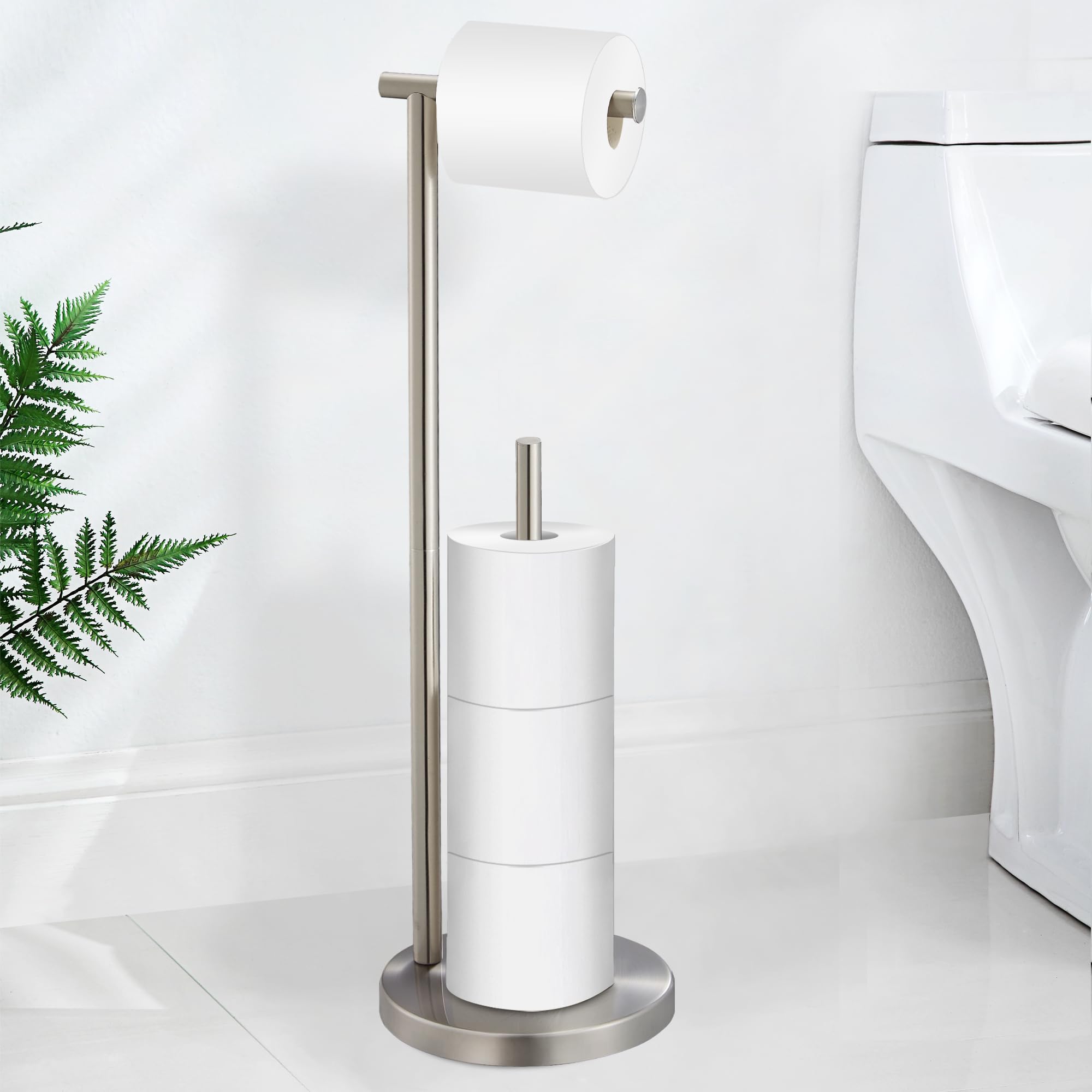 Freestanding Toilet Paper Holder Stand with Weighted Base - Brushed Nickel Stainless Steel Bathroom Tissue Storage for 4 Rolls - Space-Saving Design for Small Bathrooms, Powder Rooms & RVs