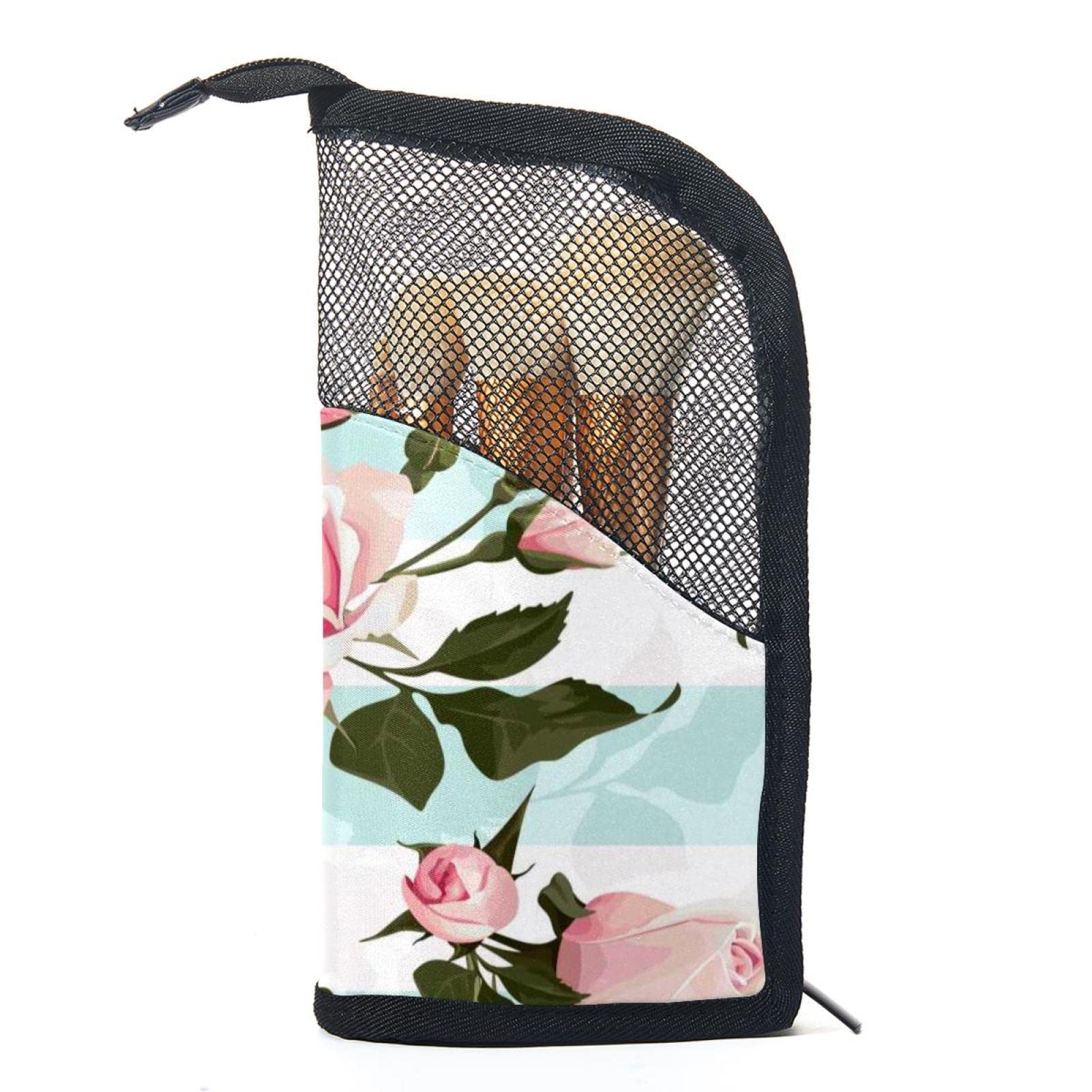 12-Piece Makeup Brush Organizer Bag with Pink Roses & Green Stripes Design - Portable Cosmetic Brush Holder Case for Travel, Home & Professional Makeup Artists