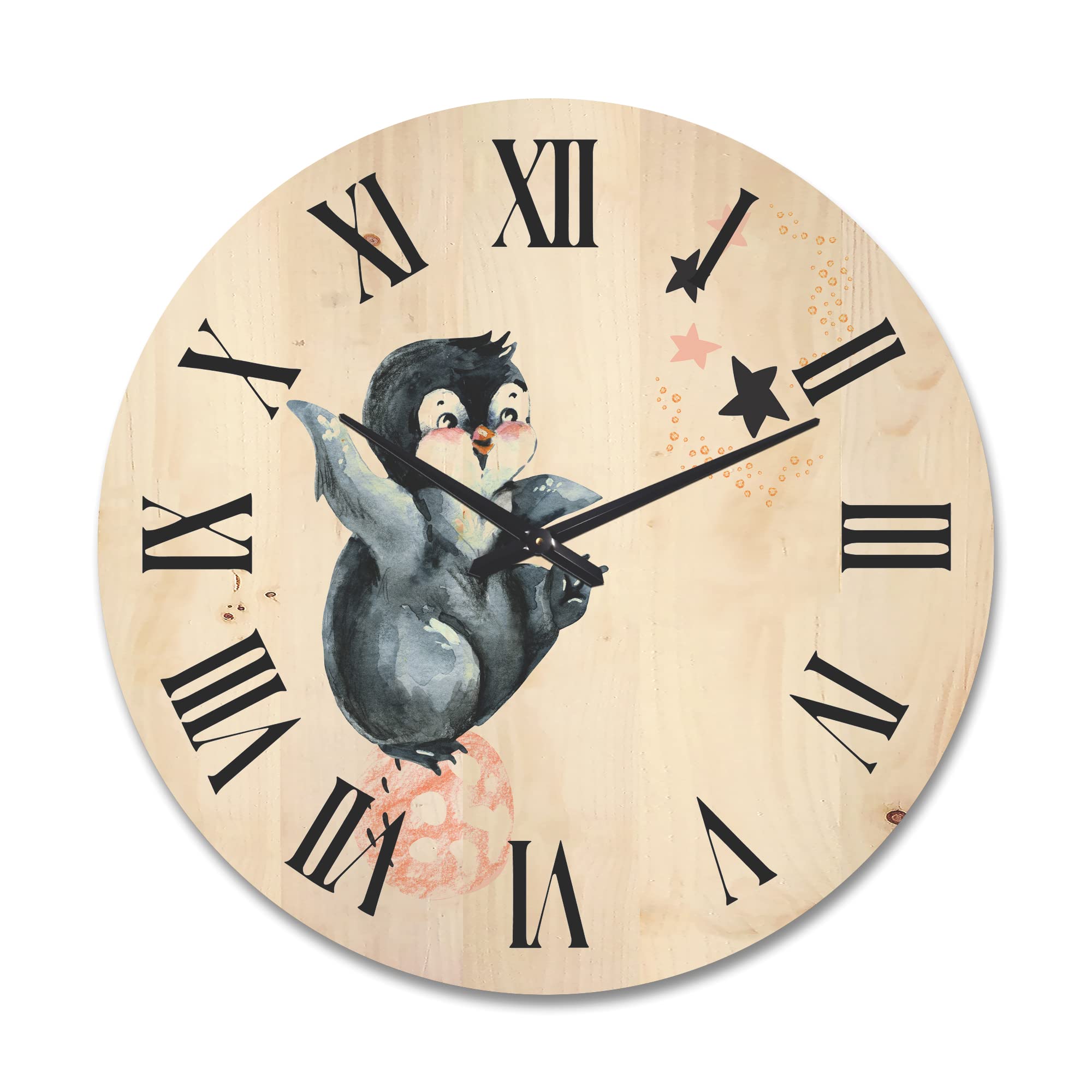 Farmhouse Wood Wall Clock - Large Decorative 'Little Penguin with Planets and Stars II' Oversized Wooden Clock for Living Room, Kitchen, Bedroom Décor | Unique Animal-Themed Wall Art for Home & Office