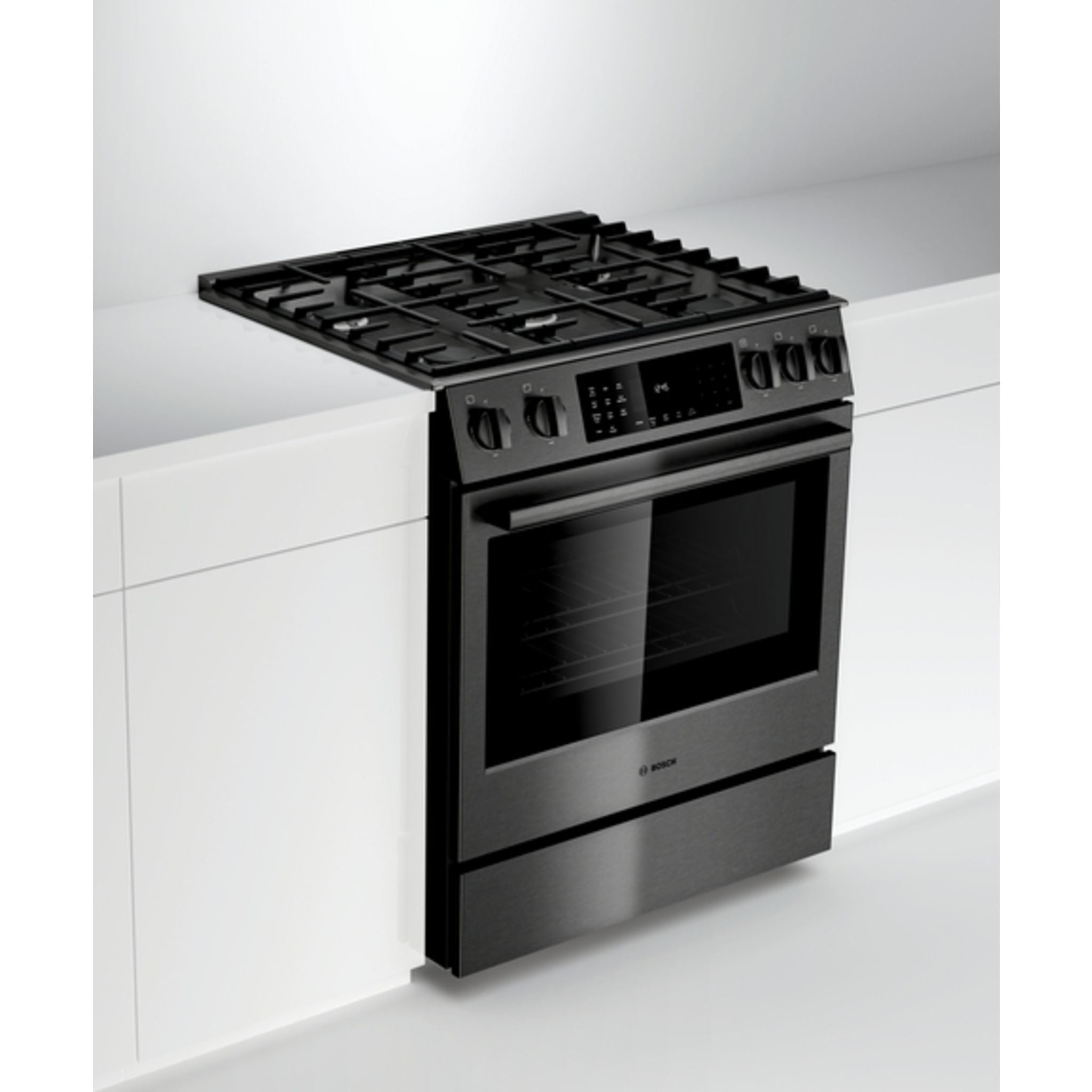 Bosch 30 Inch Slide-In Gas Range with 4 Burners - HGI8046UC Black Stainless Steel for Modern Kitchen Cooking