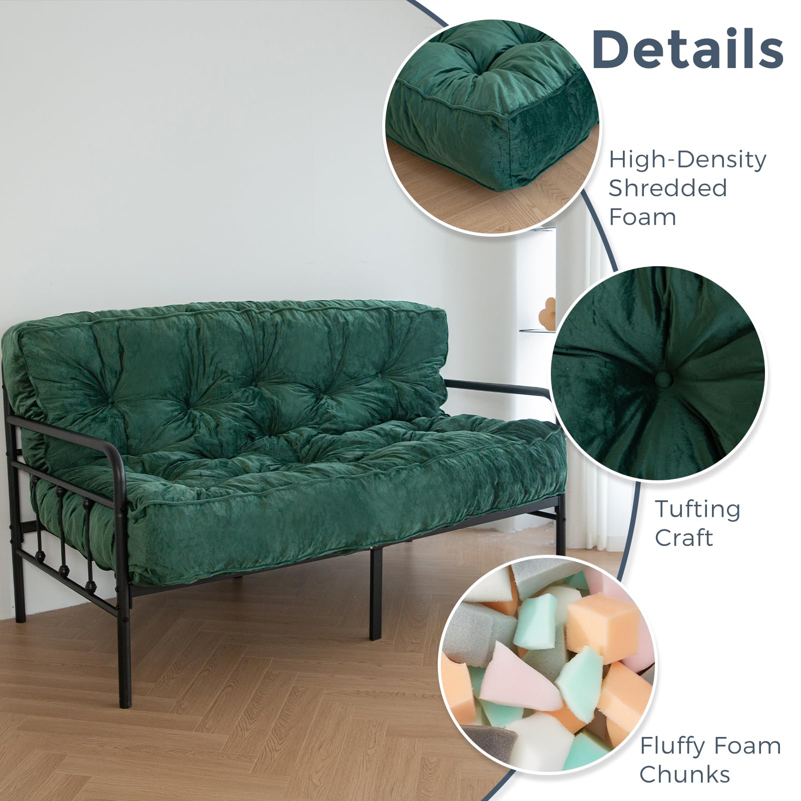 MAXYOYO 8-Inch Thick Velvet Tufted Futon Mattress for Sofa Bed - Green (Mattress Only) | Comfortable Sleeping Solution for Adults, Perfect for Small Apartments, Guest Rooms & Dorm Rooms
