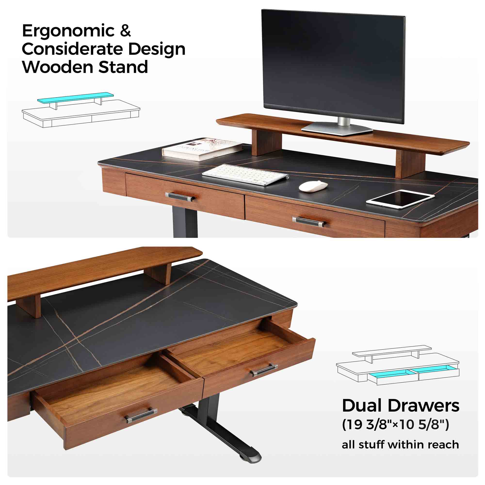 George Slate Standing Desk - 55x23 Inches Adjustable Height Workstation with Artificial Marble Desktop for Home & Office Ergonomic Workspace