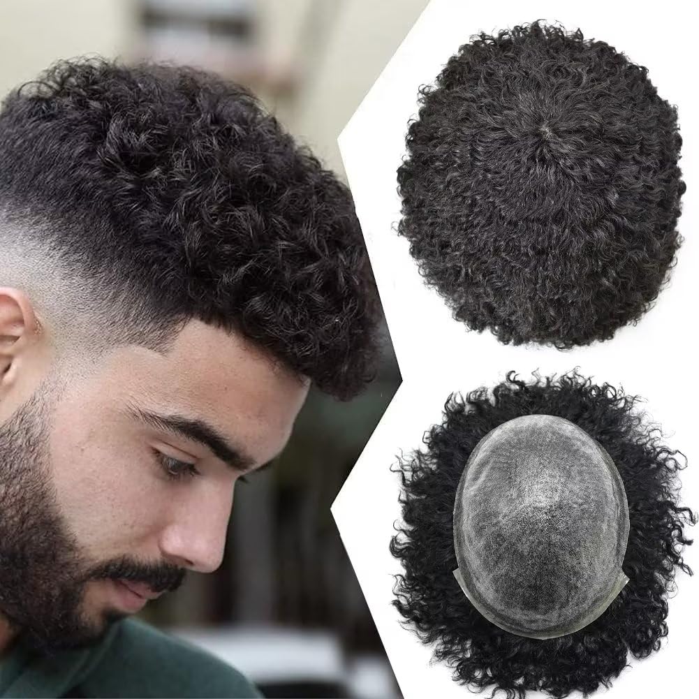 Premium Afro Hair Units for Black Men | PU Injection Human Hair Toupee | Durable Poly Hair System for African American Men | Afro Wave 8mm #1 Jet Black | Perfect for Daily Wear, Special Occasions & Hair Loss Solutions