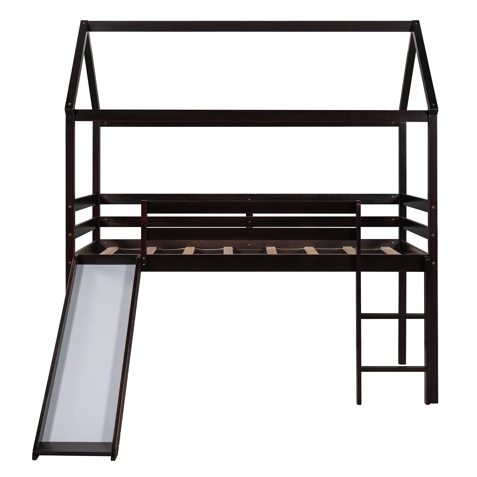 Twin Size Wooden Loft Bed with Slide, Roof & Ladder - Solid Wood House Bed Frame for Kids & Teens - No Box Spring Needed (Espresso) - Perfect for Small Bedrooms, Playrooms & Kids' Sleepovers