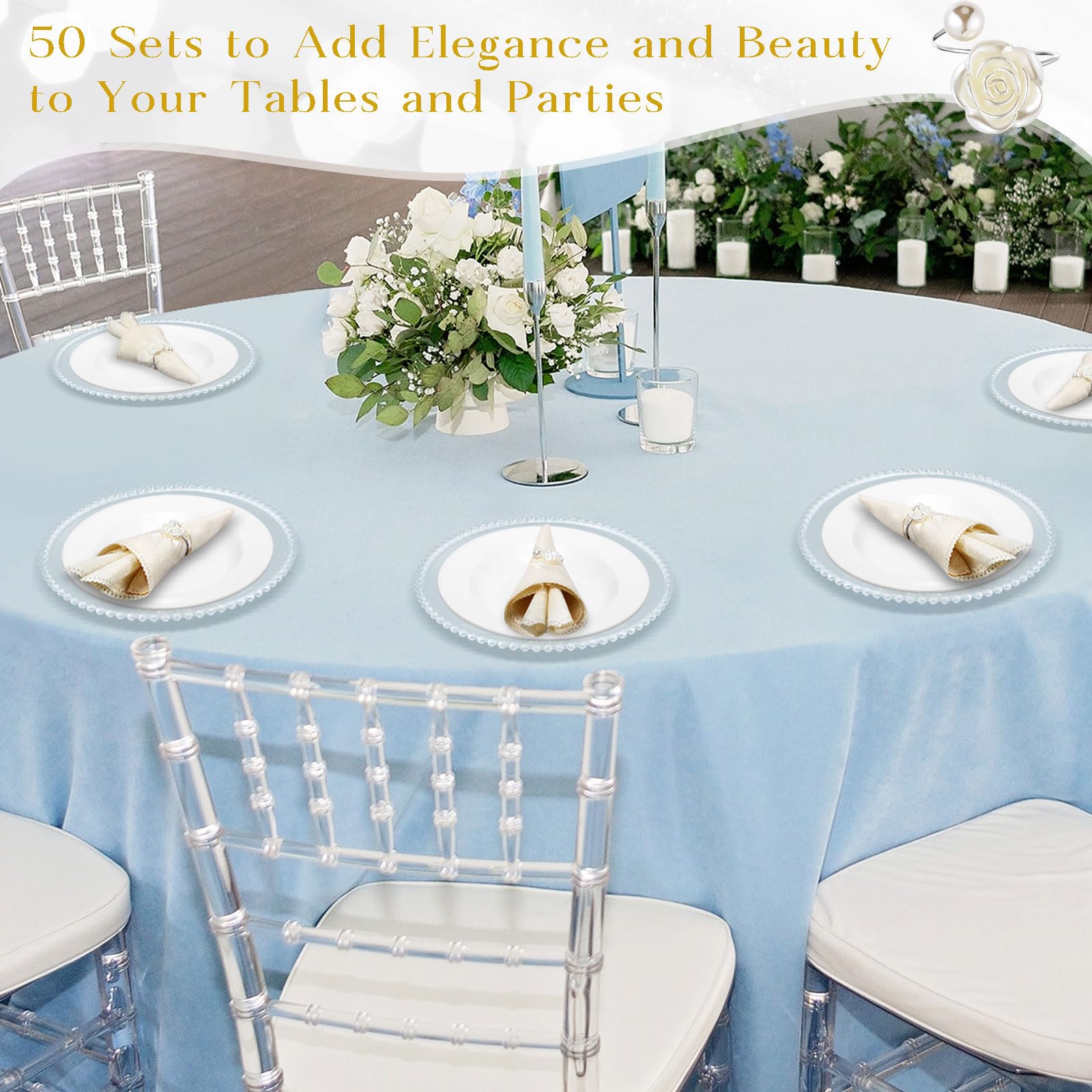 50-Pack Clear Plastic Charger Plates with Napkin Rings - 13 Inch Beaded Round Dinner Plates for Wedding, Party & Event Decorations (Silver) | Elegant Table Setting for Formal Dinners, Bridal Showers & Holiday Celebrations