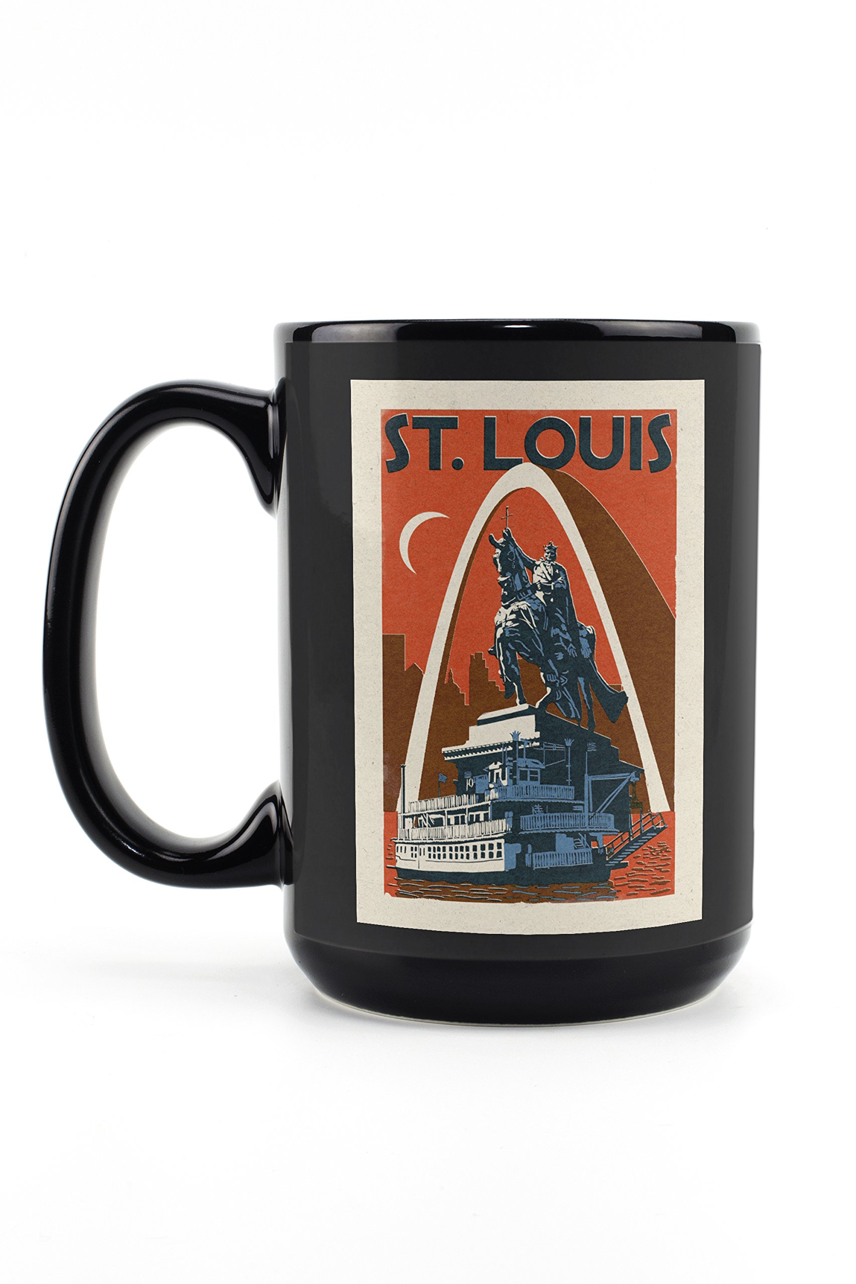 Lantern Press St. Louis Missouri Woodblock Art 15oz Black Ceramic Coffee Mug - Microwave & Dishwasher Safe - Perfect for Home, Office & Gifts