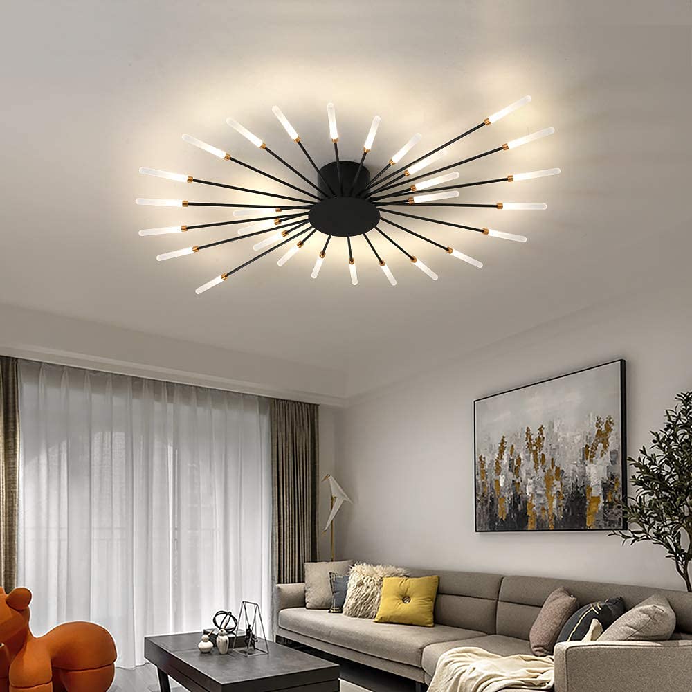 Modern Flower Shape Ceiling Light Fixture - 28-LED Sputnik Firework Petal Chandelier for Dining Room, Kitchen, Hallway | Flush Mount Metal & Acrylic Design (Matte Black) | Perfect for Modern Home Decor, Restaurant Lighting and Commercial Spaces
