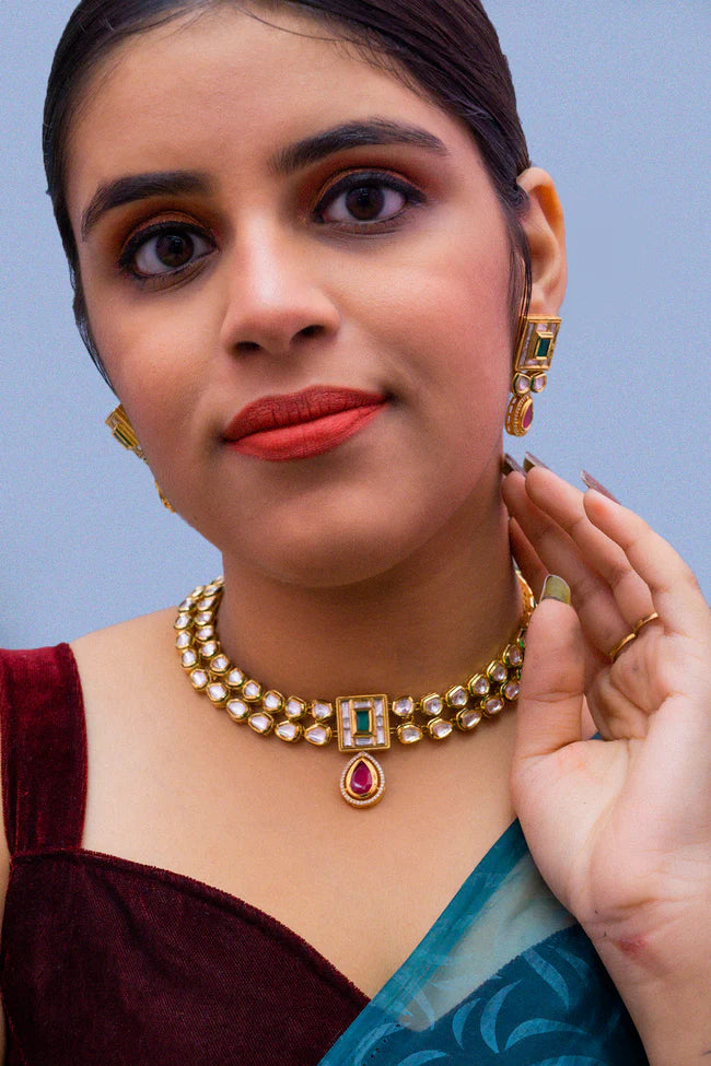 Royal Kundan Necklace and Earrings Set - 24K Gold Plated Designer Jewelry for Weddings, Parties & Special Occasions (D387)
