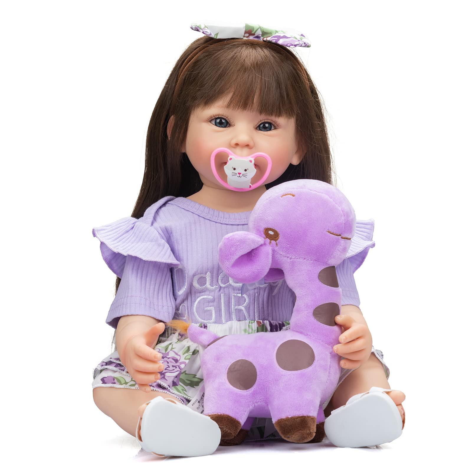 22 Inch Realistic Reborn Baby Doll - Lifelike Full Vinyl Silicone Girl with Teeth, Long Hair, Handcrafted & Washable - Perfect for Collectors, Gift Giving & Role Play (Girls Toddler Simulation Toy)