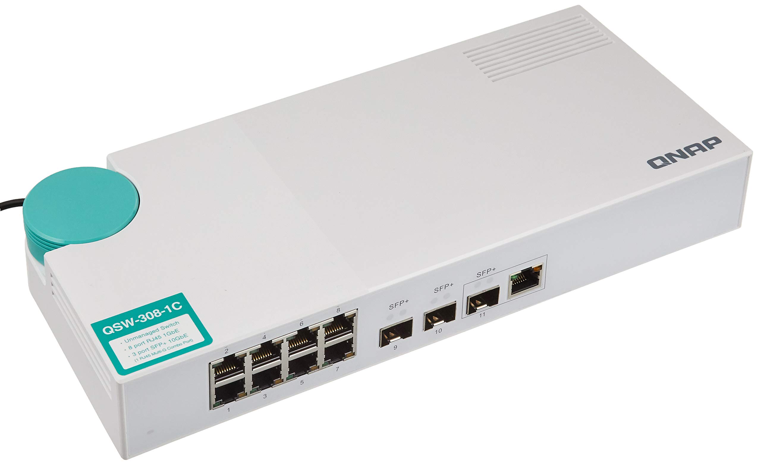 QNAP QSW-308-1C 10GbE Network Switch - 3-Port 10G SFP+ (Including 1 Combo SFP+/RJ45 Port) & 8-Port Gigabit Unmanaged Switch for Home Office, Small Business & Data Center Networking
