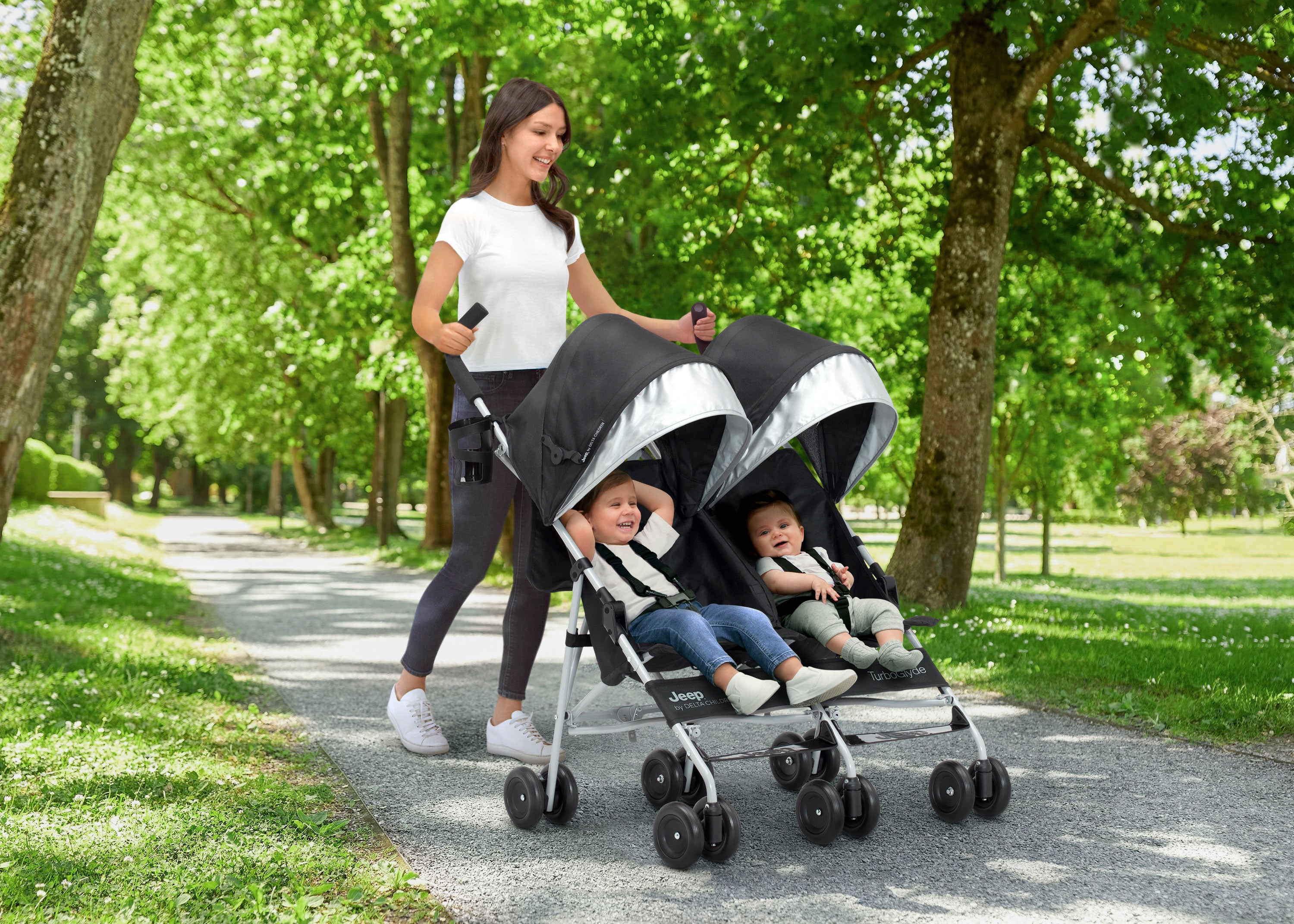 Jeep TurboGlyde Side by Side Double Stroller - Lightweight All-Terrain Baby Stroller for Twins | Perfect for Outdoor Walks, Shopping & Travel
