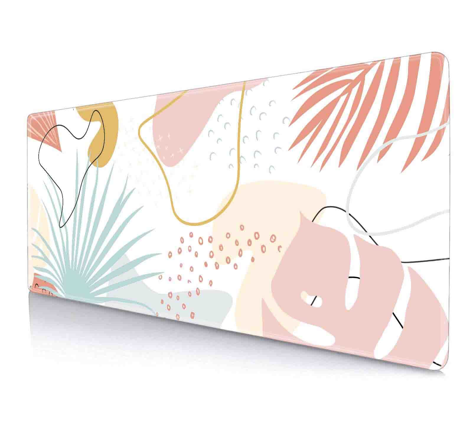 Pink and Blue Abstract Leaves Tropical Large Mouse Pad - Non-Slip Rubber Base with Stitched Edges - 31.5 x 11.8 Inch Desk Mat for Women - Perfect for Work, Laptop, Gaming & Office Decor