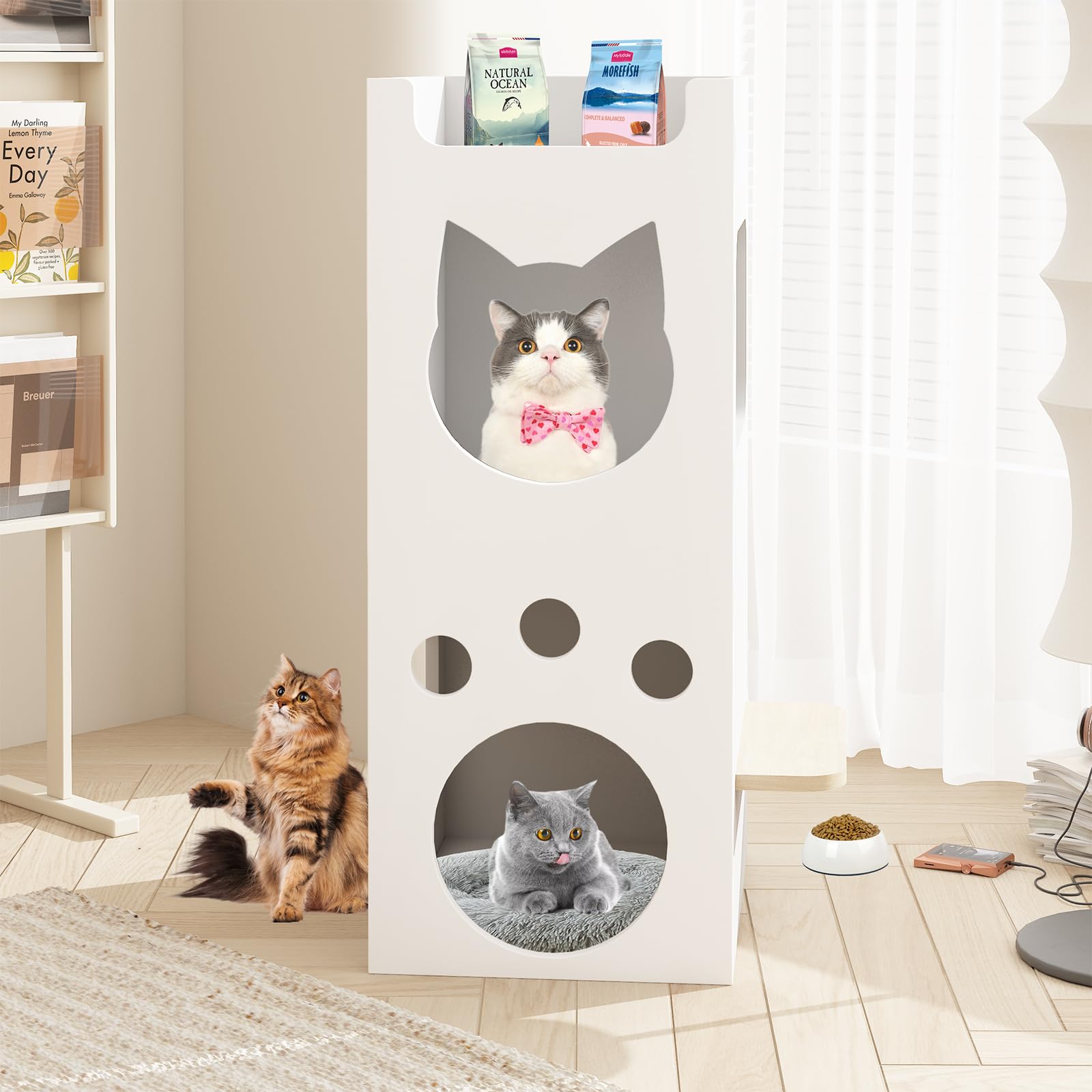 Dosker 2-Tier White Wooden Cat Litter Box Enclosure with Hidden Cat Bed - Indoor Cat House Furniture for Small Spaces, Pet Washroom & Cozy Condo (Perfect for Apartments & Multi-Cat Homes)