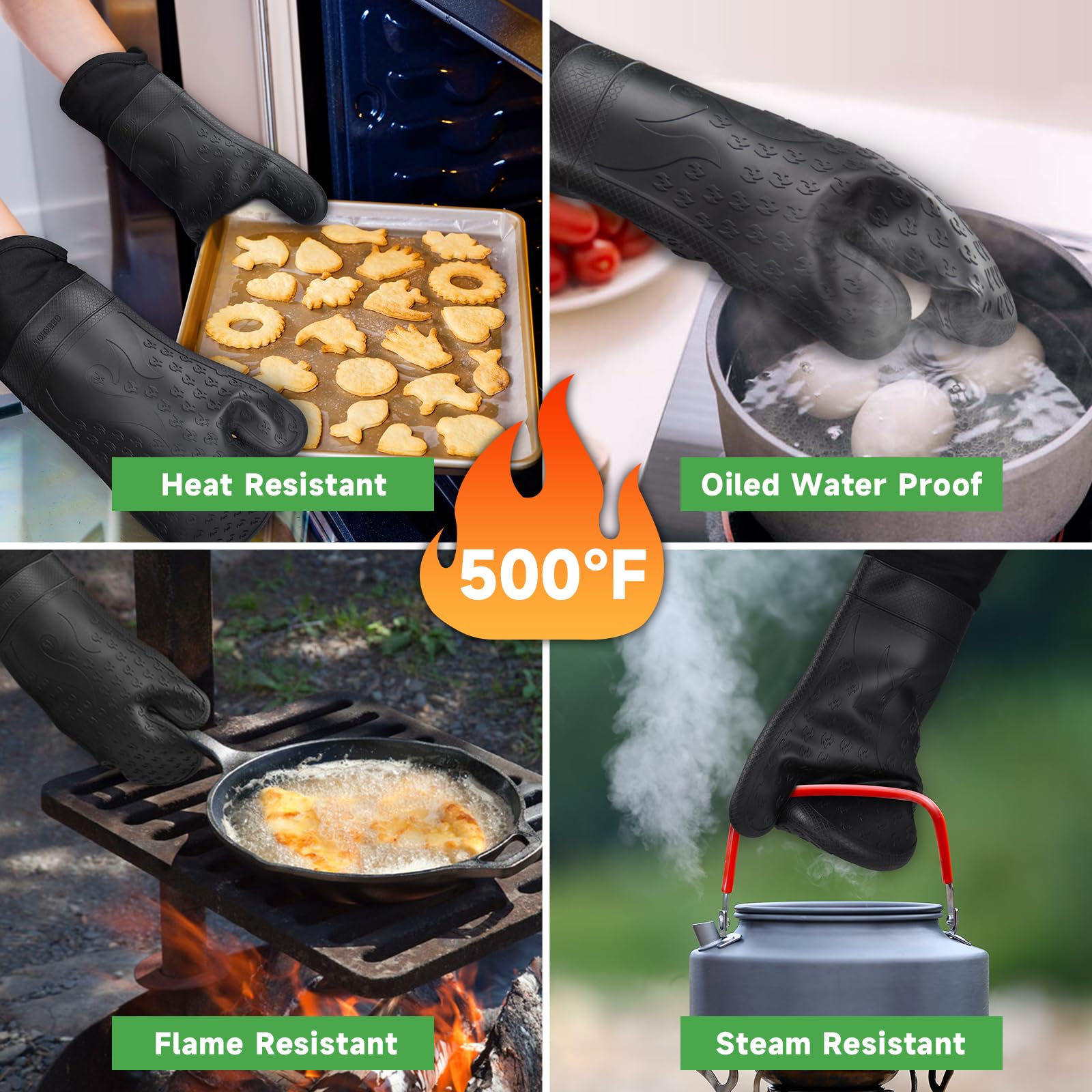 GEEKHOM Heat Resistant Silicone Oven Mitts & Pot Holders Set - Extra Long BBQ Gloves with Non-Slip Grip for Cooking, Baking, Grilling - Perfect for Kitchen, Outdoor Camping & Backyard BBQ (Black)