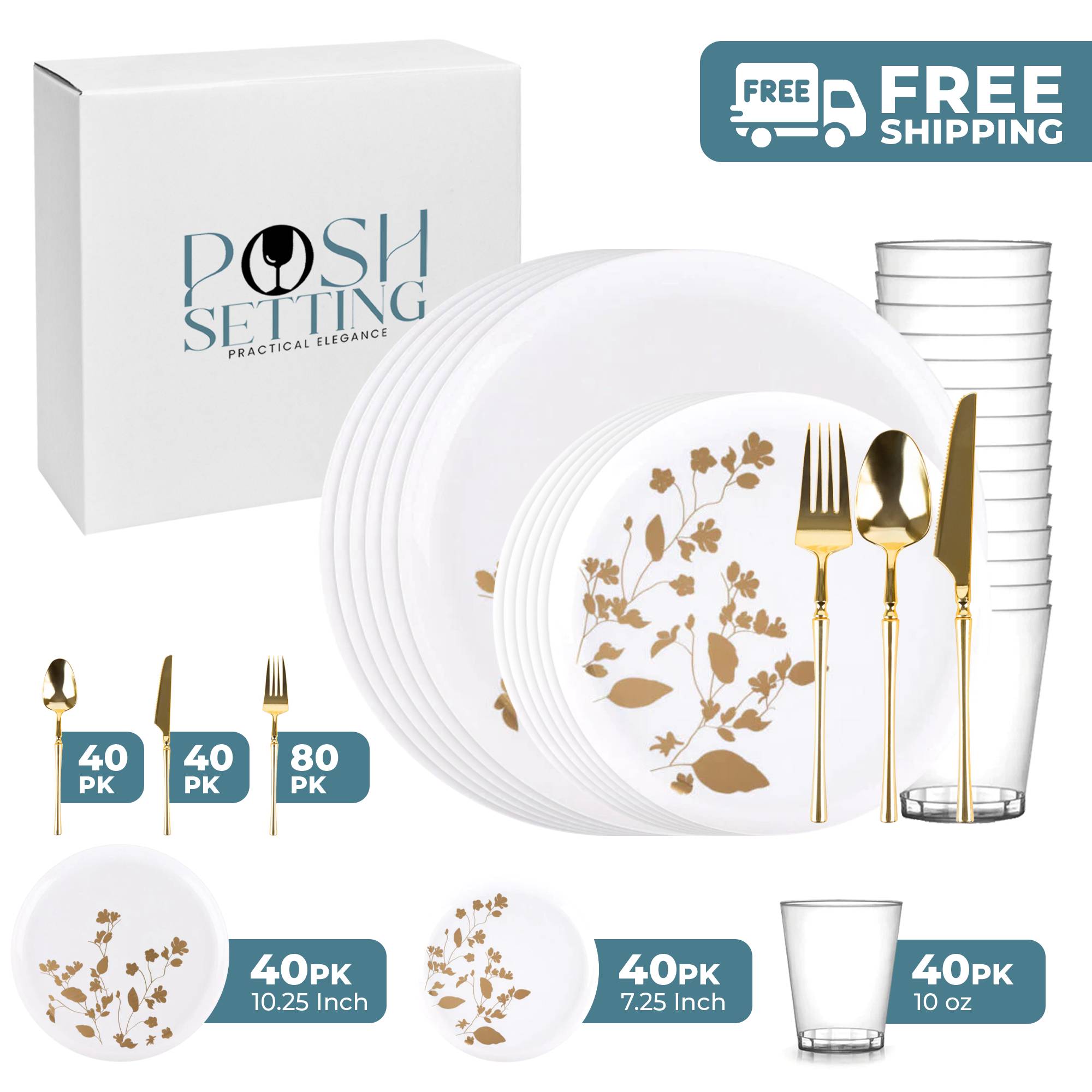 White and Gold Plastic Party Bundle - Elegant Disposable Tableware Set for Garden Parties, BBQs & Outdoor Events
