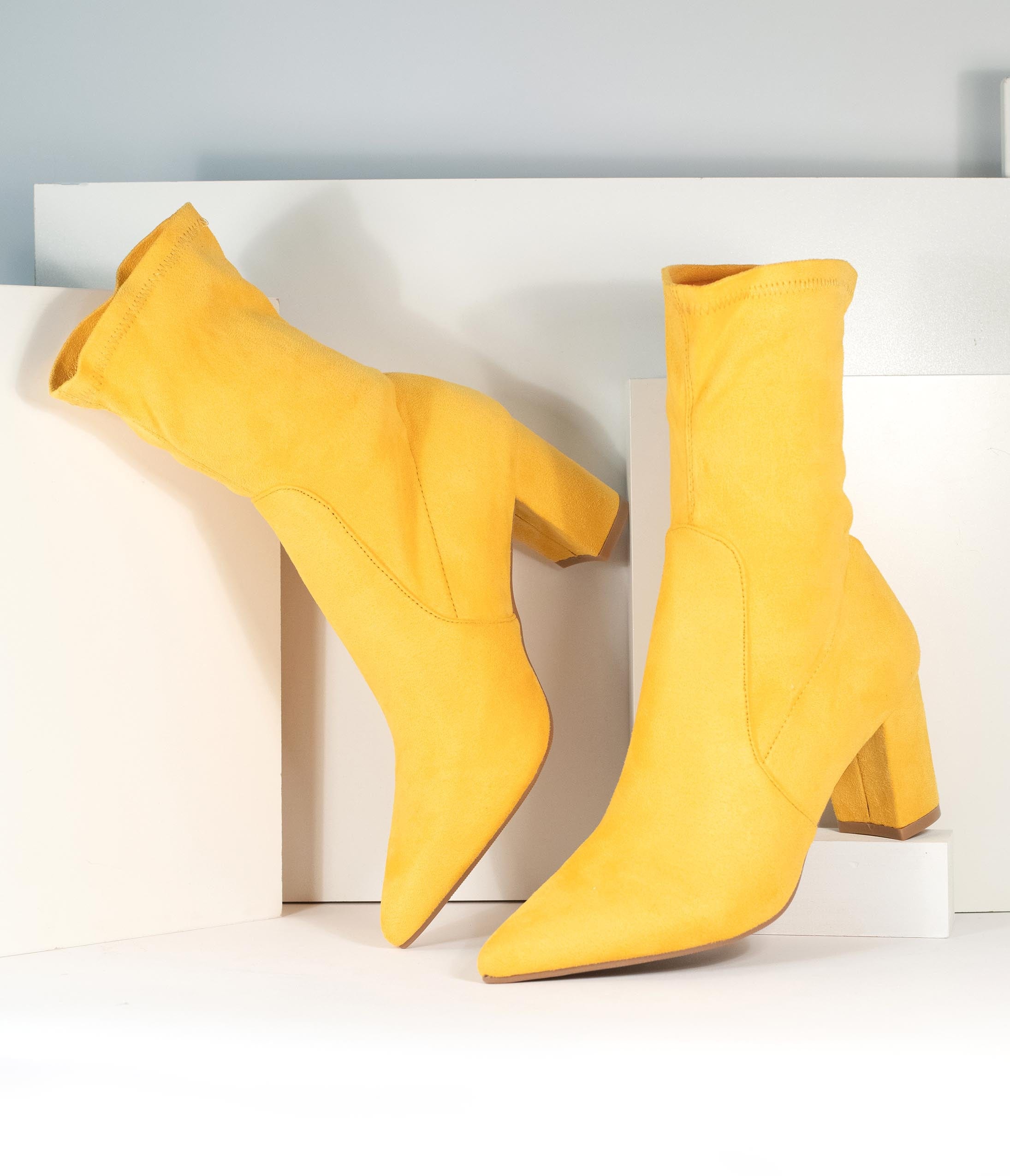 Mustard Suede Pointed Toe Ankle Boots for Women - Stylish Fall & Winter Fashion Booties for Casual Outfits, Office Wear & Date Nights