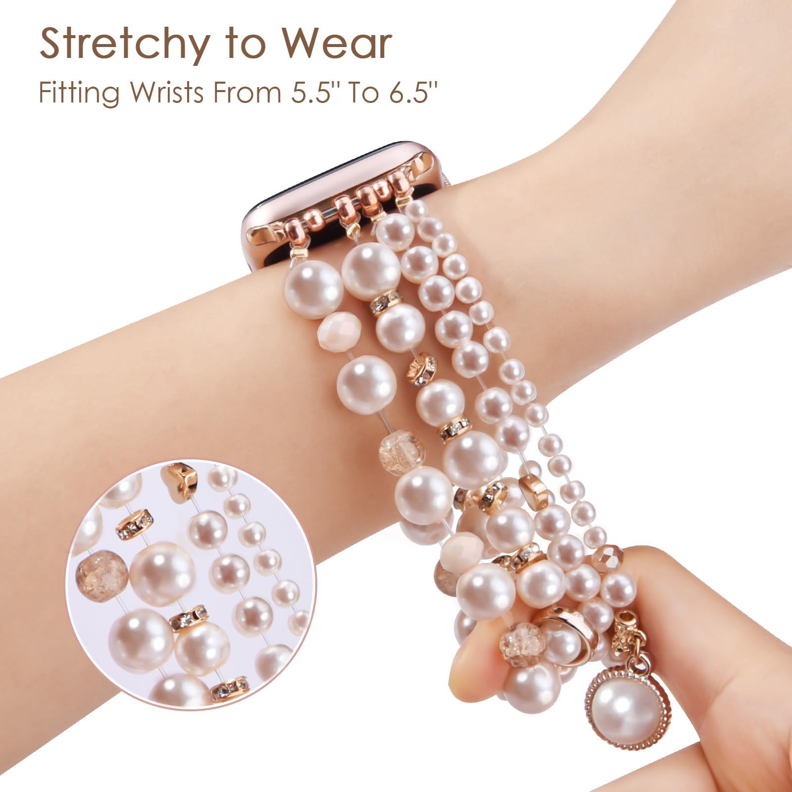 V-MORO Stretchy Pearl Bracelet Compatible with Apple Watch 38/40/41/42/44/45mm - Rose Gold Fashion Jewelry Band for Women - Perfect for iWatch Series 9/8/7/6/5/4/3/2/1/SE - Elegant Accessory for Work, Parties & Daily Wear