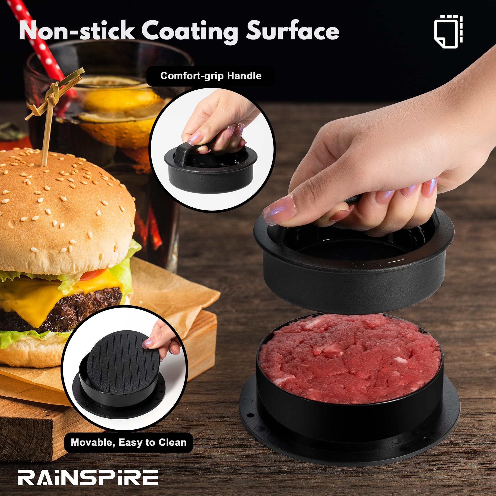 **Rainspire 3-in-1 Non-Stick Hamburger Patty Maker Press – Perfect for Stuffed Burgers, Sliders, Beef Patties – Ideal for BBQ, Grilling & Home Cooking (Black)**